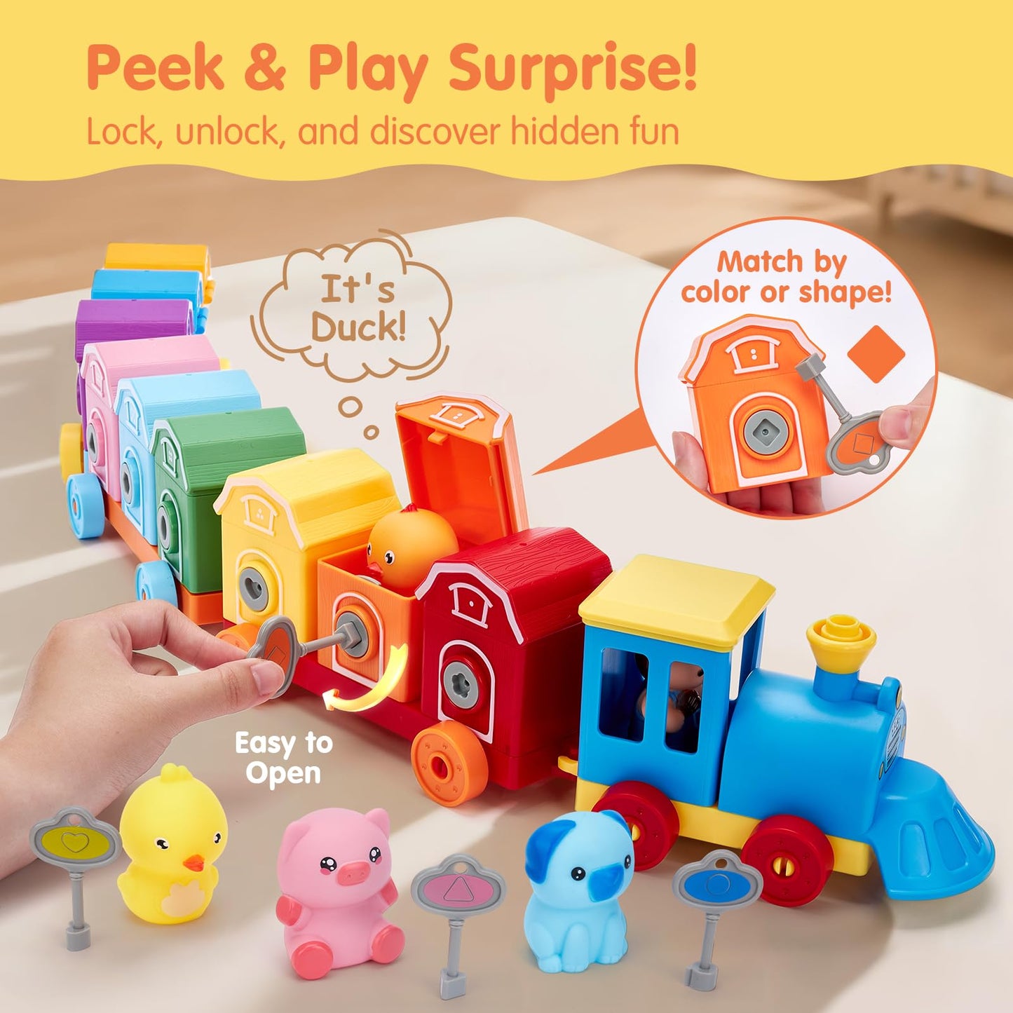 hahaland Toddler Learning Farm Train Set for Toddlers 1-3 Years - Counting Matching & Sorting Montessori Toys, Finger Puppets, Keys to Lock and Unlock Barns Birthday for Baby Boys Girls