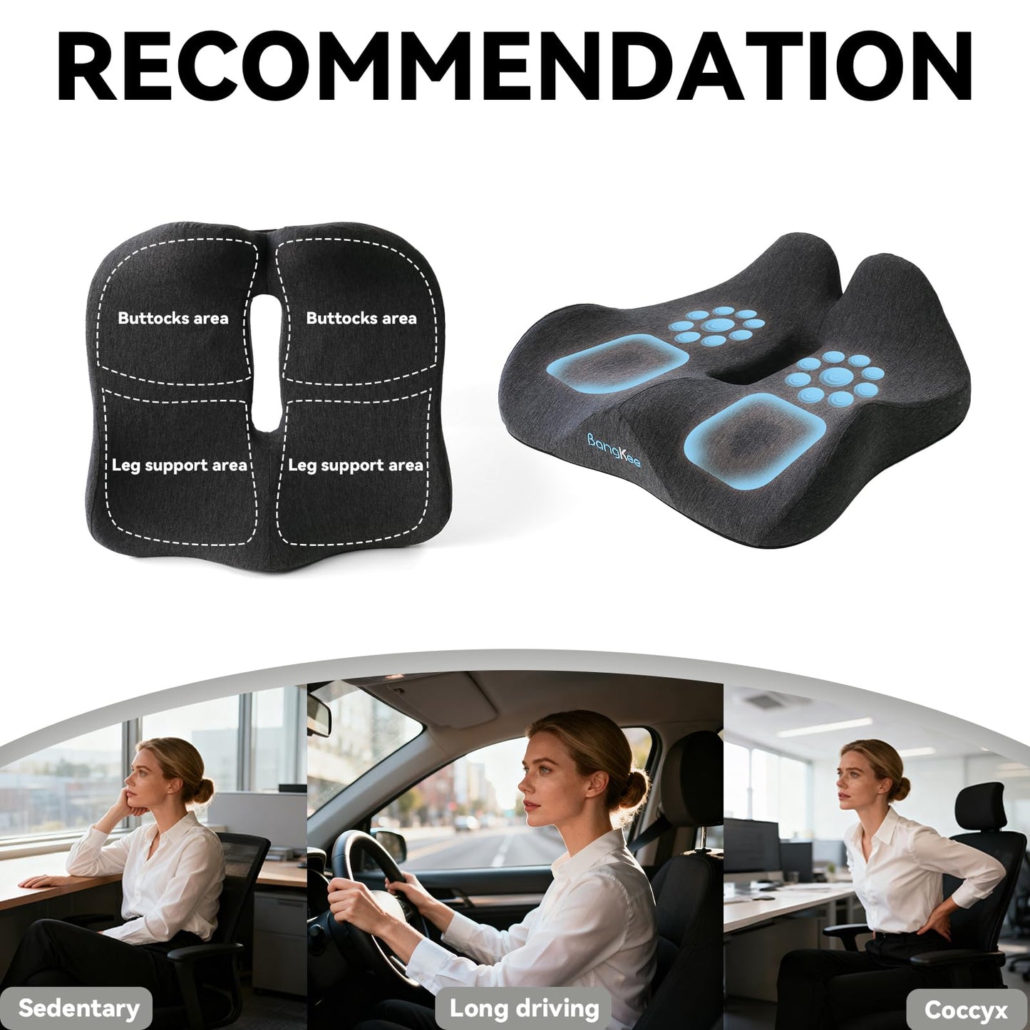 18x16 Inch Black Memory Foam Seat Cushion for Office Chair, Car Seat, Airplane, Bleacher - Sciatica & Hip & Coccyx Pain Relief Desk Chairs Cushions for Long Sitting Peoples