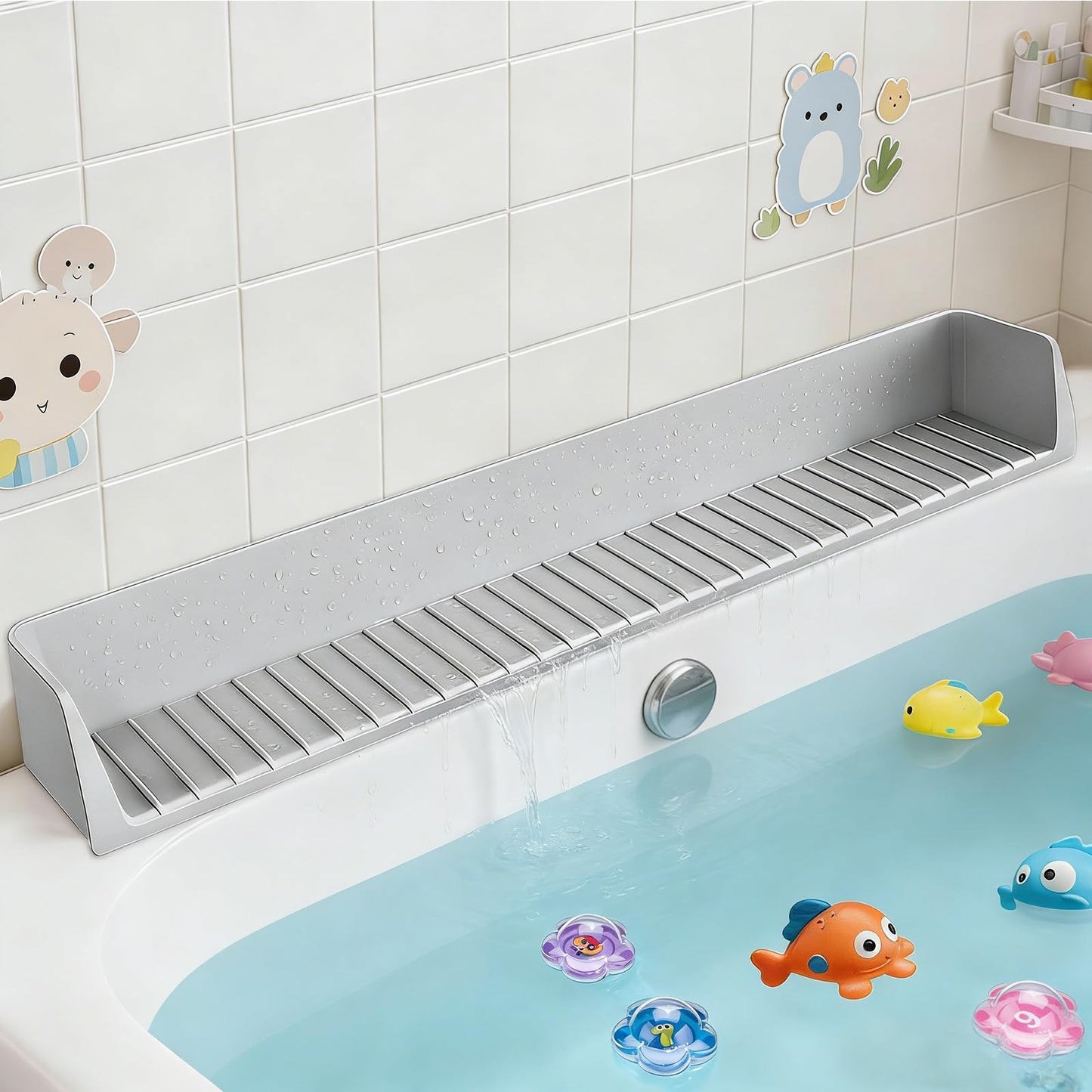 Silicone Bath Tub Splash Guard with 11 Suction Cups, Longer Bathtub Edge Extender Shelf, Bath Tray Holder (1, Gray-80cm)