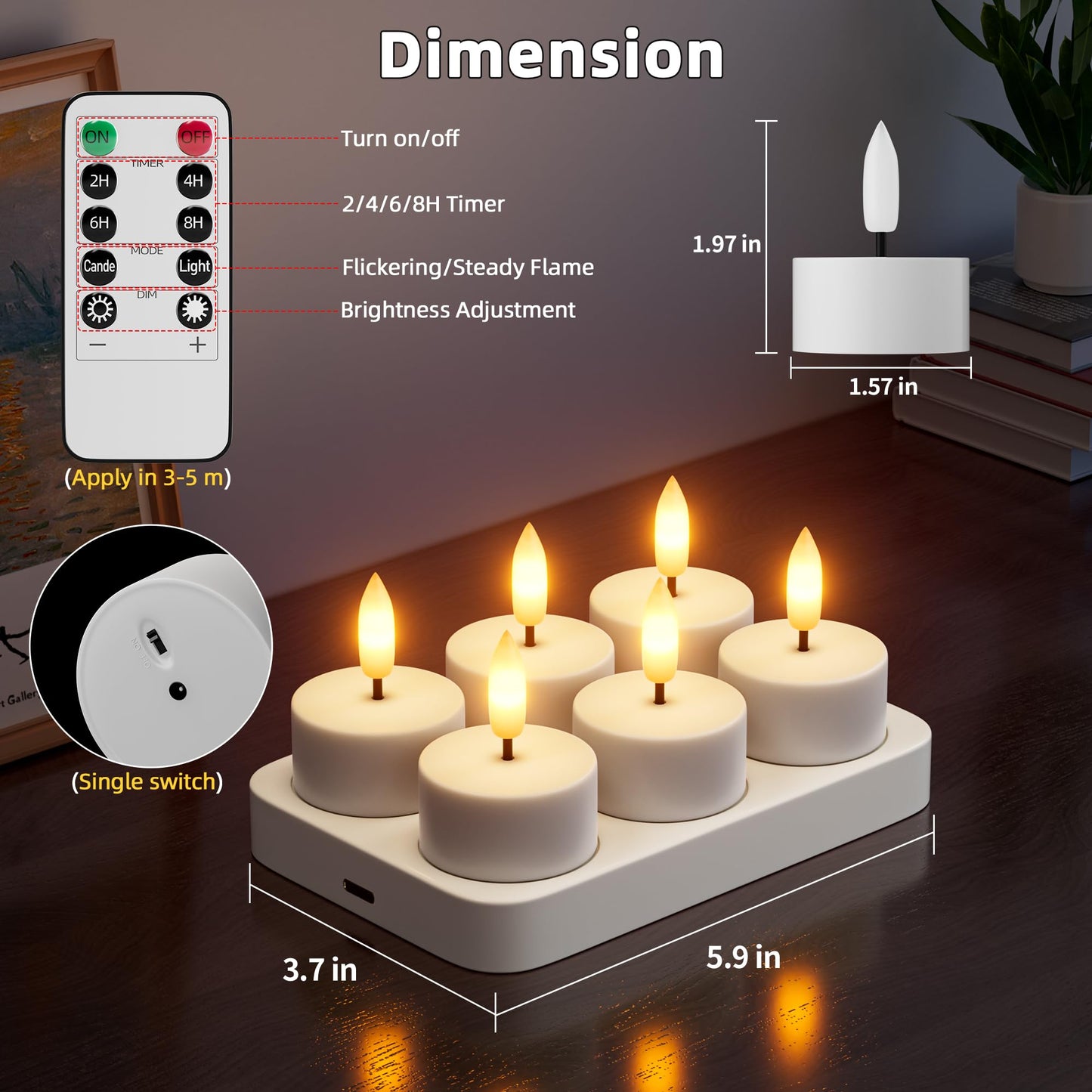 Rechargeable Flameless Tea Lights Candles Battery Operated Remote Control Tea Lights with Timer LED Tealight Candles with Charging Base Votive Candle for Flickering Christmas Halloween Table 6 Pcs