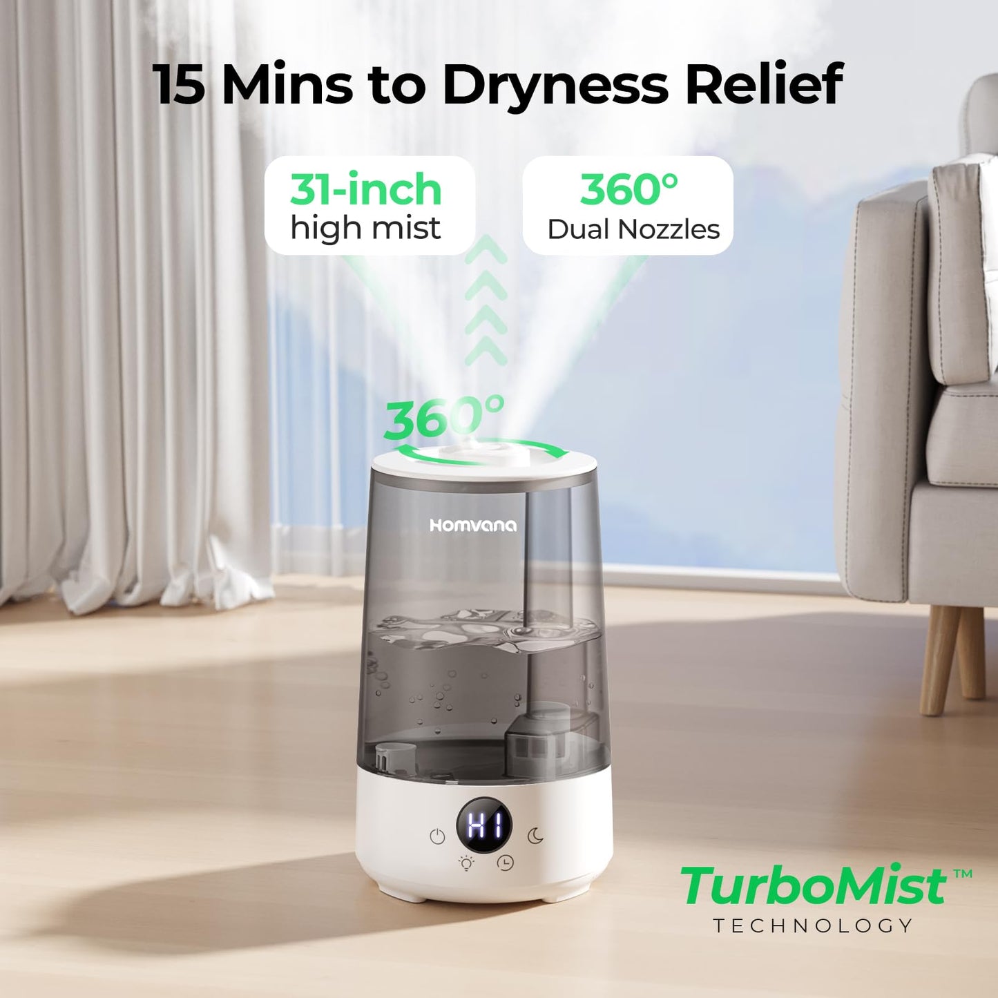 Homvana Humidifiers for Bedroom Home, 3.6 L Cool Mist Top-Fill 34H Super Long Time, Quiet 16dB, Baby Humidifier, Oil Diffuser Large, Plants, Nursery, Office BPA FREE, 7 Color Light (Grey)
