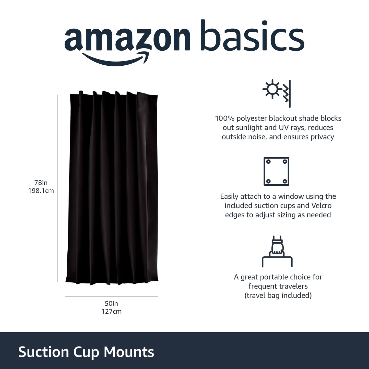 Amazon Basics Portable Window Blackout Curtain Shade with Suction Cups for Travel, Kids, and Baby Nursery - 127cm W x 198.12cm L, Black - 1-Pack