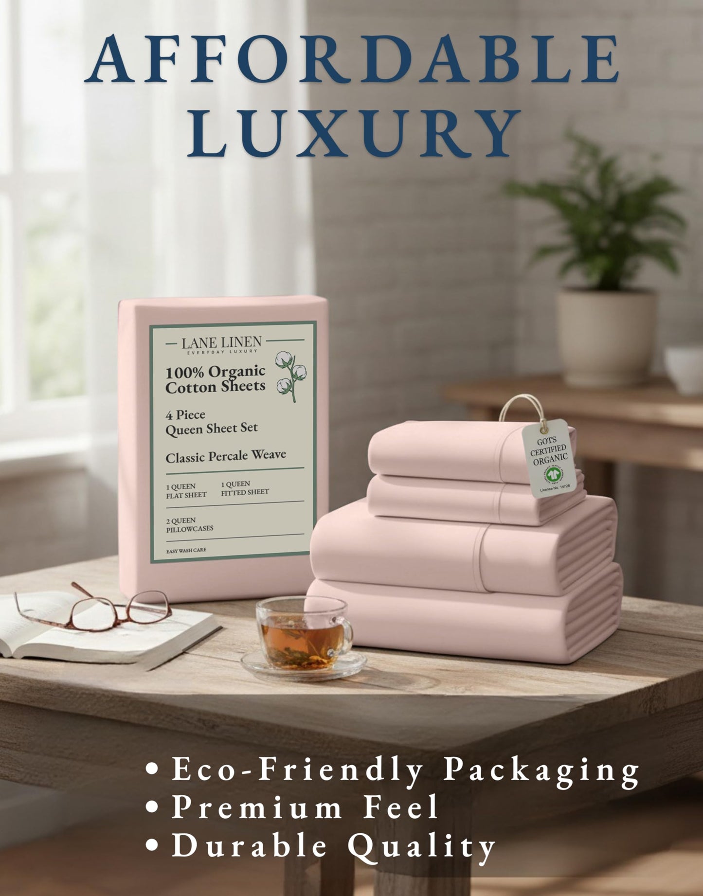 Lane Linen 100% Organic Cotton Queen Sheet Set, 4-Piece Percale Bed Sheets for Queen Bed - Soft, Breathable, Hypoallergenic, Deep Pocket Fits Mattress Up to 15" Deep, Hotel Quality Sheets - Rose