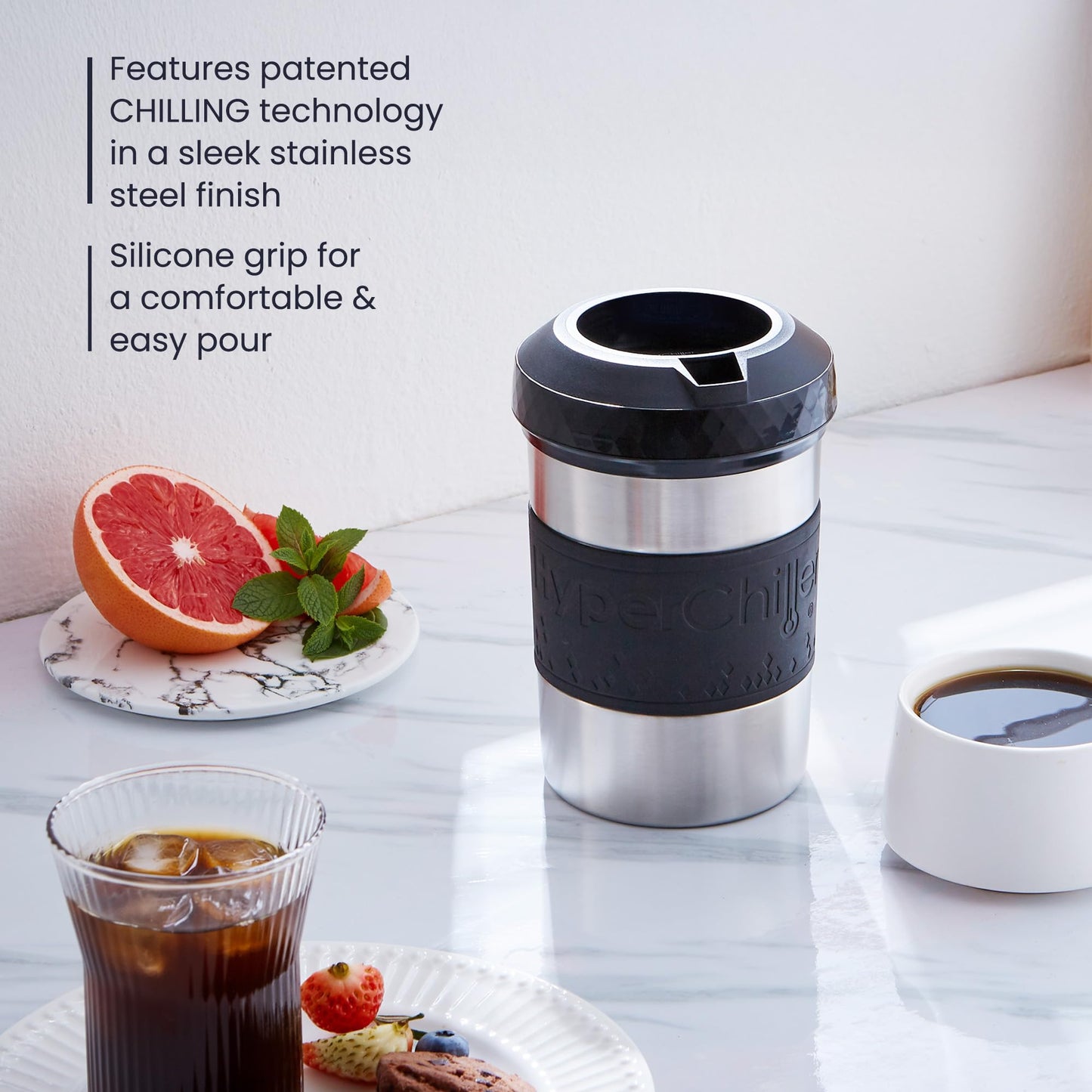 HyperChiller The Original but NEW Stainless-Steel HC2SS Patented Iced Coffee/Beverage Cooler Ready in One Minute, Reusable for Iced Tea, Wine, Spirits, Alcohol, Juice, 12.5 oz, Stainless Steel