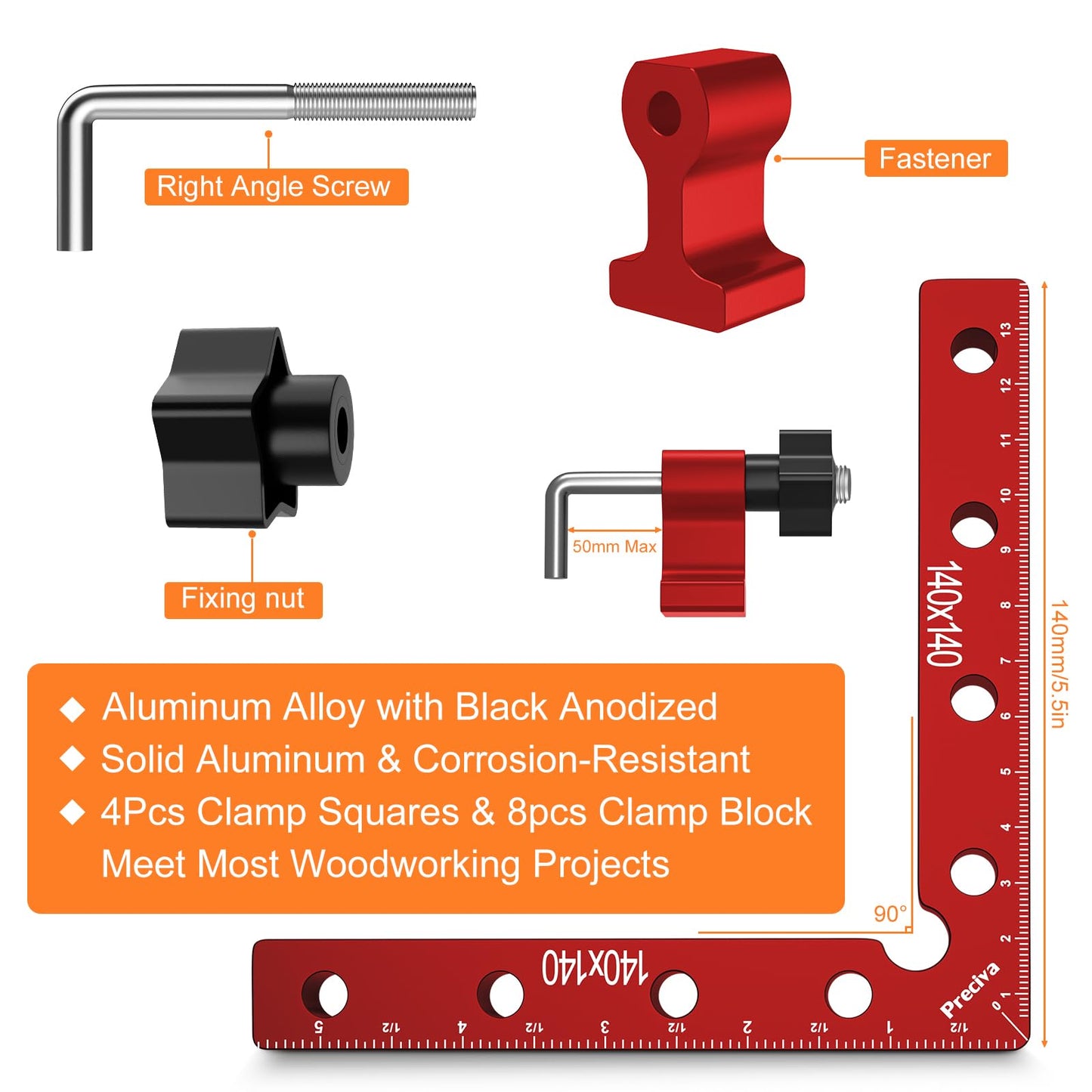 Preciva 90 Degree Positioning Squares (14cm/5.5"), Aluminum Alloy Right Angle Clamps Fixing Clamp, Professional Woodworking Tools Carpenter Squares for Picture Frame Box (5.5inch*4 Pack) (Red)