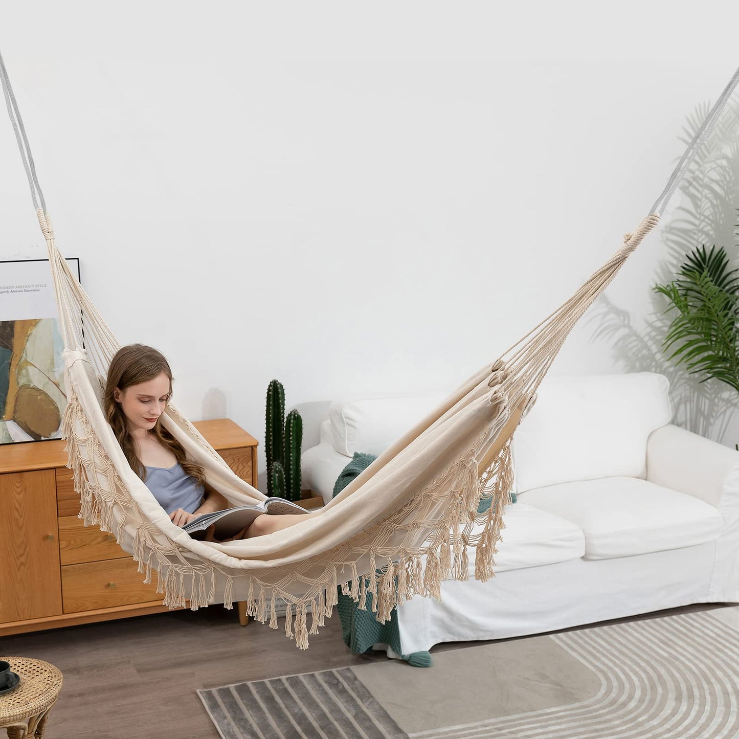 YAERSI Canvas Hammock,Camping Hammock with Elegant Tassels Load 450 lbs,Canvas Cotton Hammock for Outdoor Indoor
