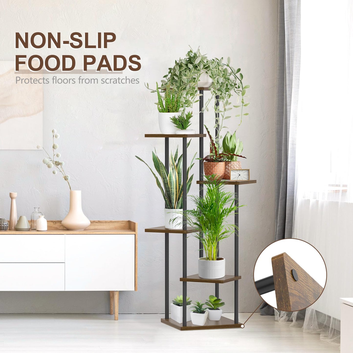 Oppro 6 Tier Plant Stands Indoor, Metal Wood Tiered Corner Plant Stand Pot Holder, Wood Flower Shelf Display Rack for Living Room Bedroom Outdoor Balcony Garden Patio, Oak