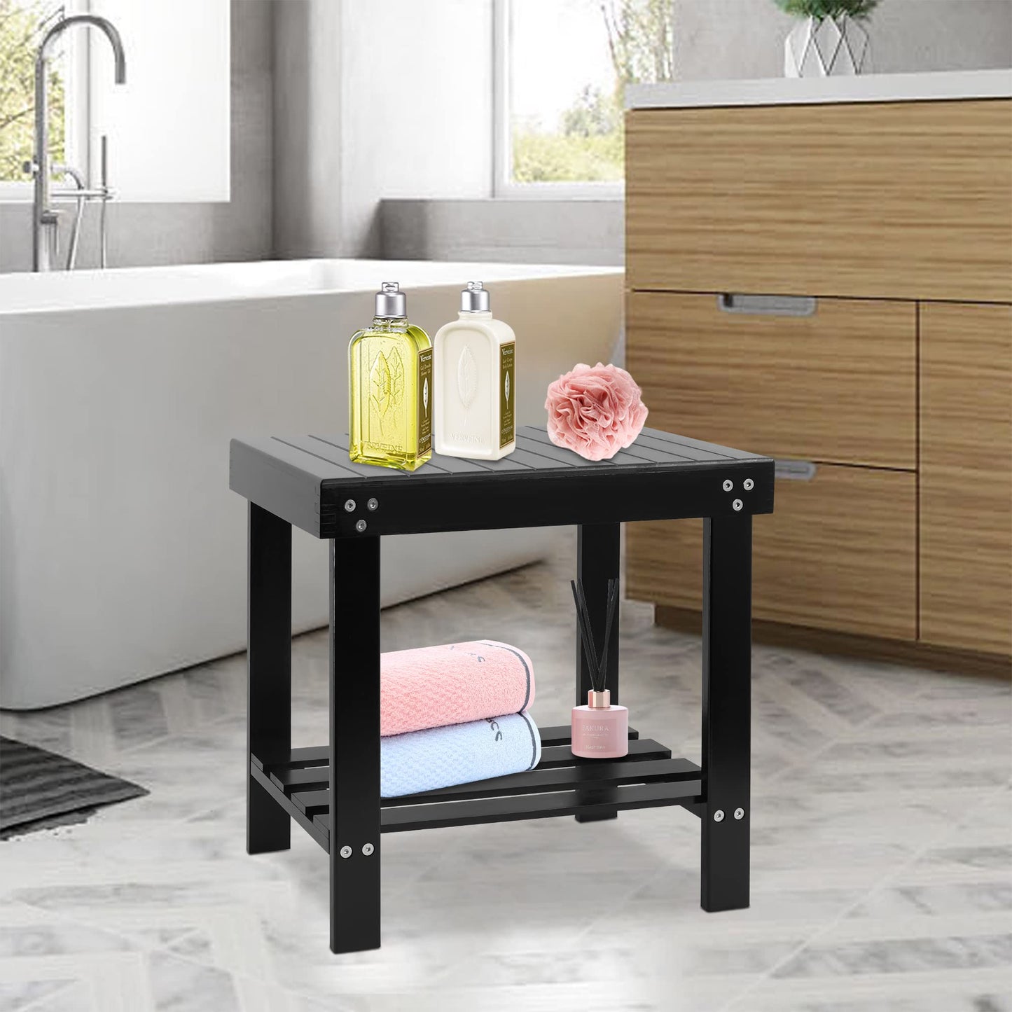 VaeFae - Bamboo Spa Bench with Non-Slip Feet and Shampoo Towel Storage Shelf, Works in Bathroom, Living Room, Bedroom, Garden, Black