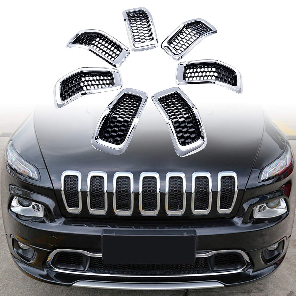 Compatible with 2014-2018 Jeep Cherokee 4-Door Grille Grill Cover Trim Insert Kit 7pcs (Black Mesh Grille + Chrome Moulding Trim)