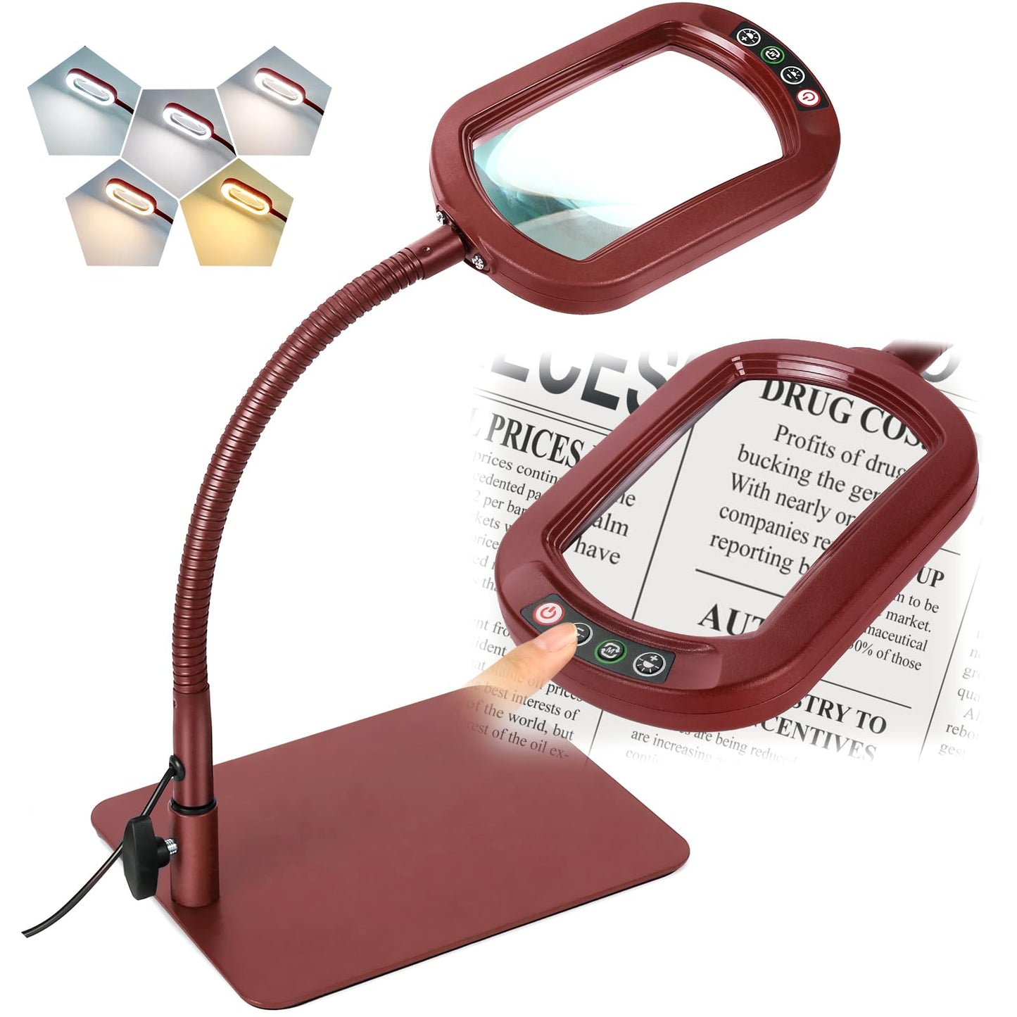 10X Rectangle Magnifying Glass with Light and Stand, Real Glass 5 Color Modes Stepless Dimmable, Flexible Gooseneck LED Lighted Desk Lamp, Hands Free Magnifier for Reading Crafts Painting, Red