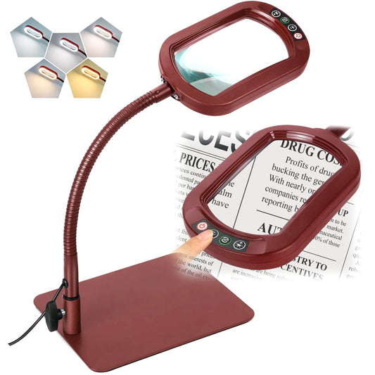 10X Rectangle Magnifying Glass with Light and Stand, Real Glass 5 Color Modes Stepless Dimmable, Flexible Gooseneck LED Lighted Desk Lamp, Hands Free Magnifier for Reading Crafts Painting, Red