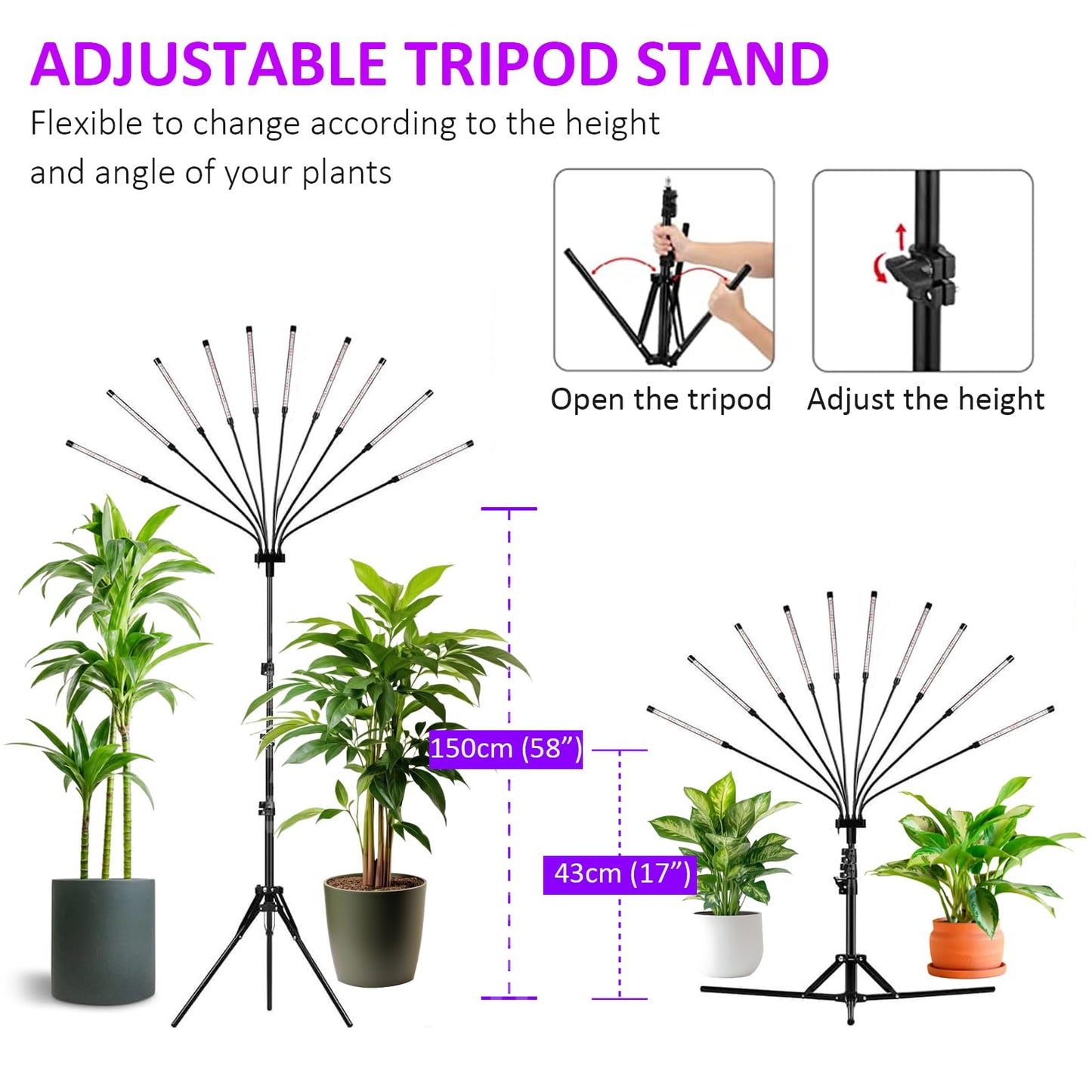 mychoiii Grow Lights for Indoor Plants,10 Heads Red Blue White Full Spectrum Plant Light with 15-60" Adjustable Tripod Stand,Adjustable Gooseneck, Indoor Grow Lamp with 4/8/12H Timer Function