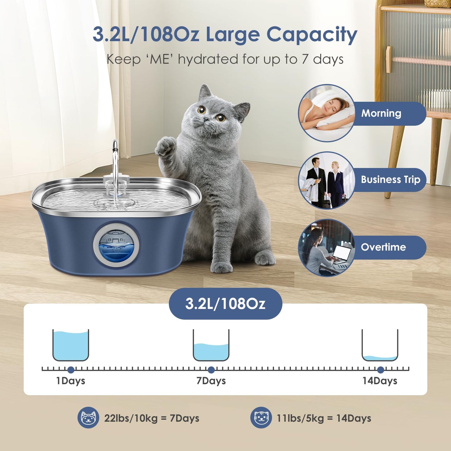 Cat Water Fountain, 3.2L/108oz Automatic Stainless Steel Pet Water Fountain with Water Level Window, Pet Water Dispenser Cat Drinking Feeding Fountains with Ultra-Quiet Pump for Pets, Navy(1 Brush)