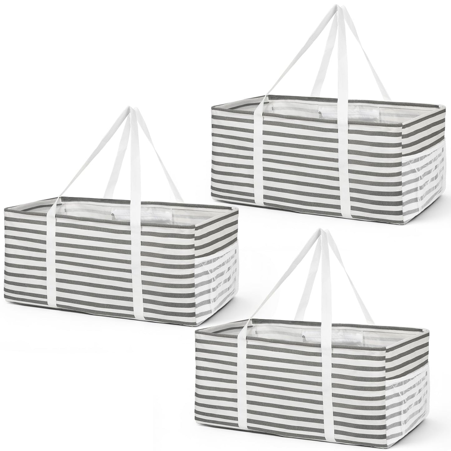 VZZNN 3 PCS Extra Large Tote Bag Reusable Grocery Bags with Metal Wire Frame and Handles Standing Utility Foldable Shopping Bags for Storage, Picnics, Beach, Pool, Laundry, Car, Camping,Grey