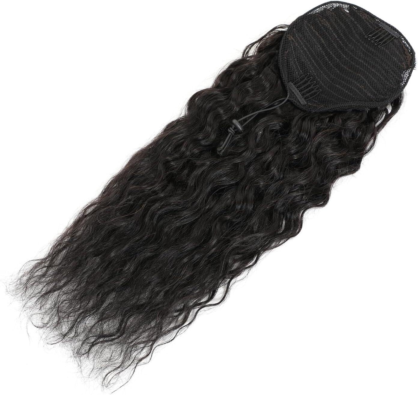Datanala Water Wave Ponytail Extensions Human Hair Drawstring Ponytail Extension Brazilian Remy Water Wave Human Hair Ponytail Clip in Hair Extensions Nature Black Color for Black Women (18Inch)