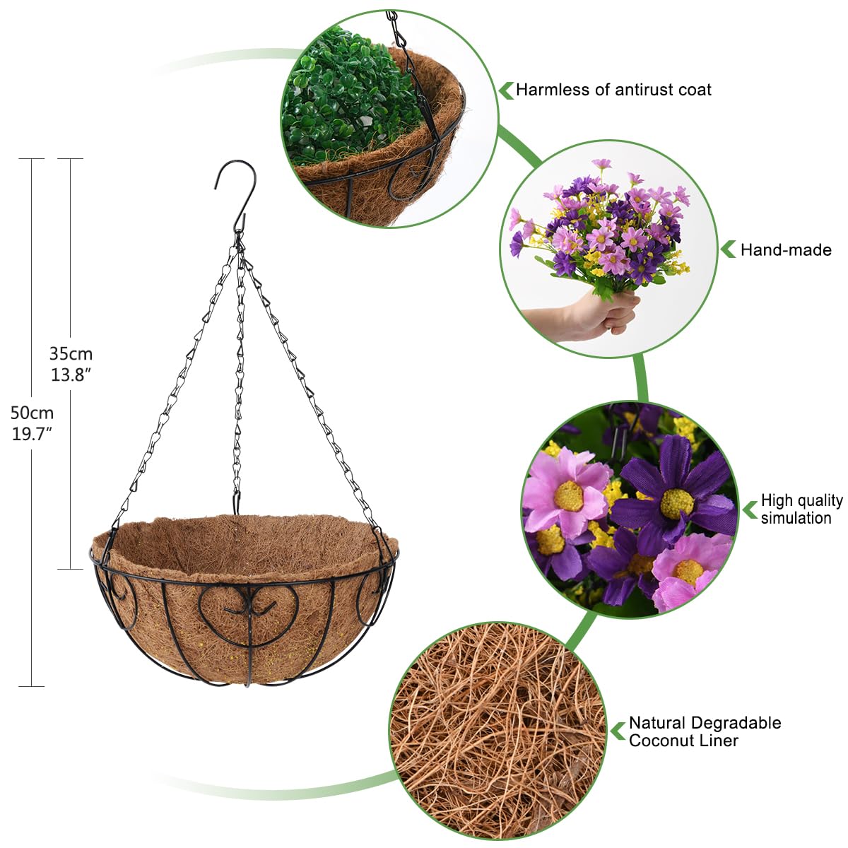 Homsunny Artificial Hanging Flowers in Basket Outdoor Indoor Patio Lawn Garden Decor, Hanging Daisy Basket with 12inch Coconut Lining Chain Flowerpot (Dark Purple)