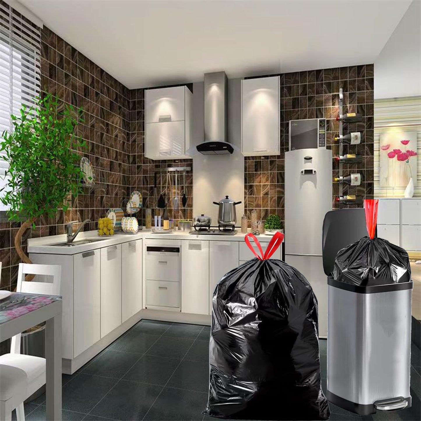 GoodFinely Large Black Trash Bags 20-21 Gallon Drawstring Garbage Bags,Measuring 28x 33.8 inches,Heavy Duty Plastic Garbage Bags for Household Kitchen Office Restaurant Thickened Stretchy