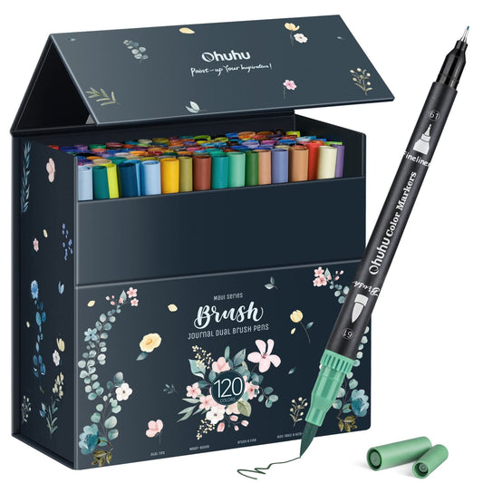 Ohuhu 120 Colors Art Markers Set,Dual Tips Coloring Brush Fineliner Color Marker Pens, Water Based Marker for Calligraphy Drawing Sketching Coloring Bullet Journal Holiday Pen Gifts