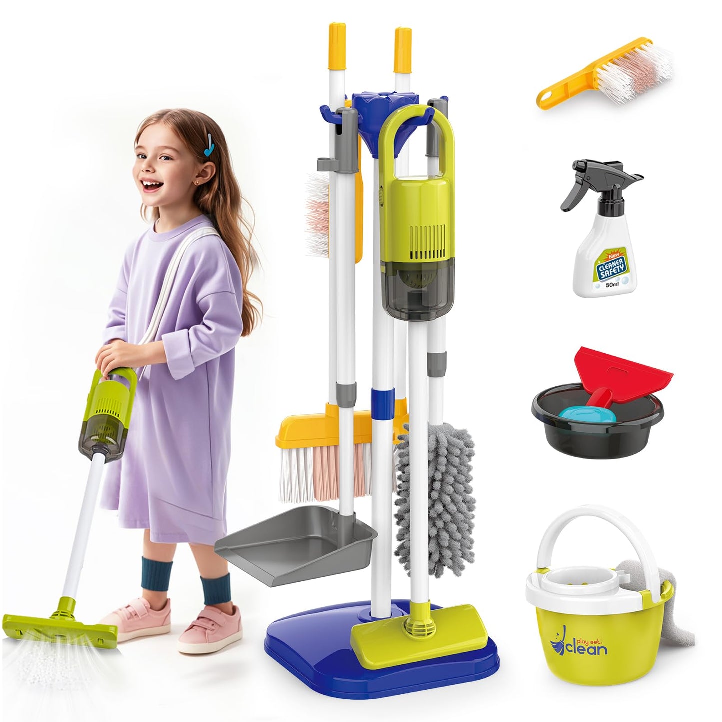 Kids Cleaning Set14 Piece -Toddler Cleaning Toy Set Includes Real Working Vacuum Cleaner, Broom, Mop, Brush, Spray, Duster, Preschool Educational Pretend Play Clean Kit for Toddler (Blue)