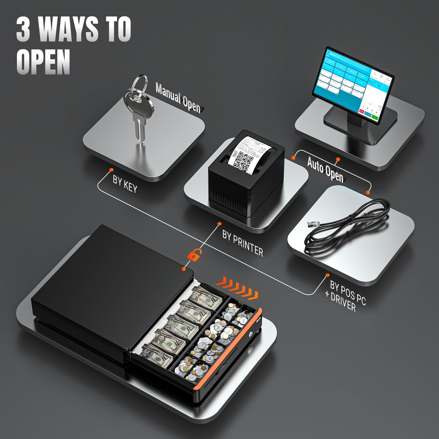 Tera 16" Auto Open Cash Register Drawer Insert Tray 5 Bill 8 Coin for Point of Sale (POS) System with Removable Cash Tray Media Slot 24V RJ12 Key-Lock (Round Corner) for Small Businesses Retail 405R