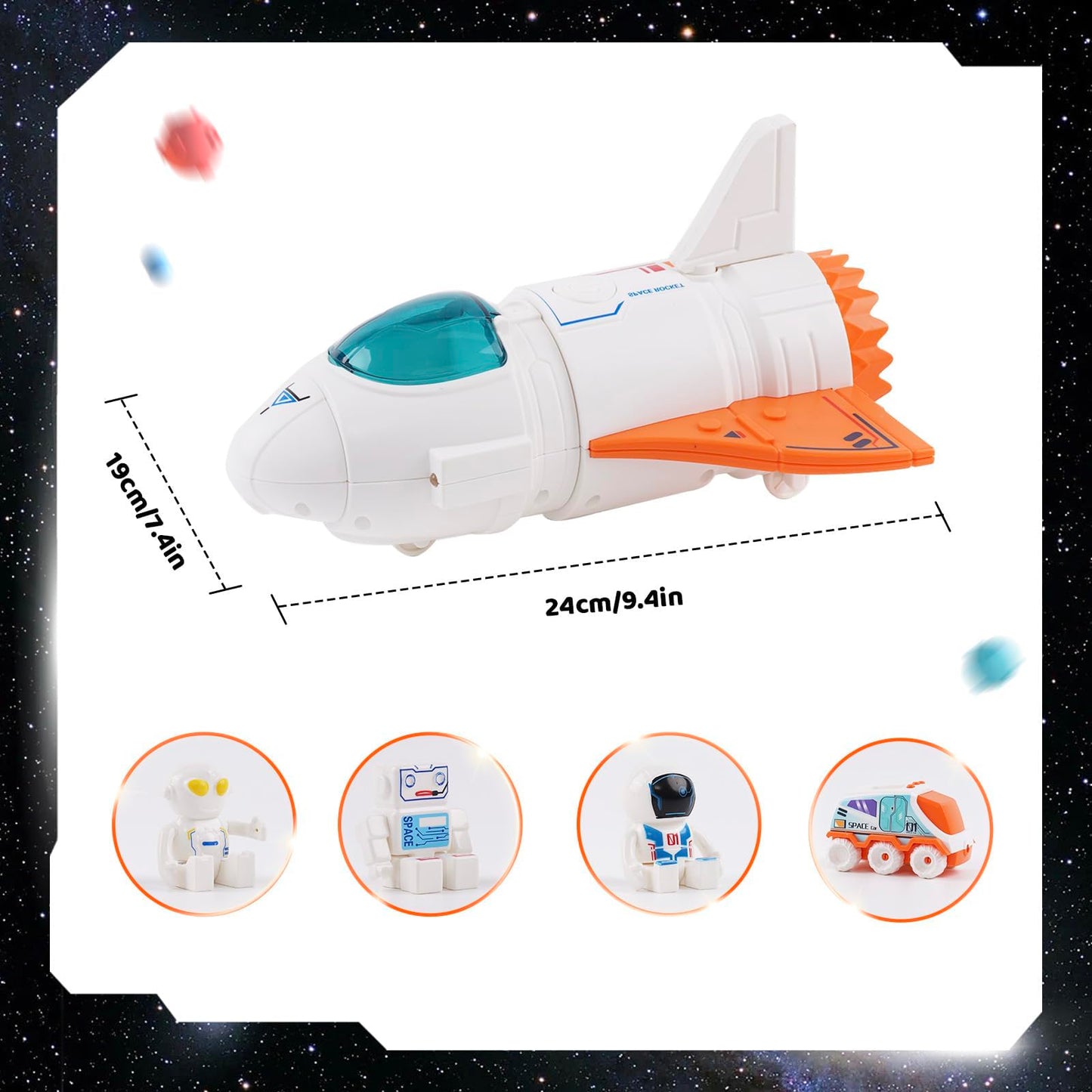 Spaceship Toy for Boys, Space Shuttle Toys with Sound, 3 Astronauts Figure, Openable Cockpit, Spray Exhaust, Venture Space Playset with Lunar car (Orange)
