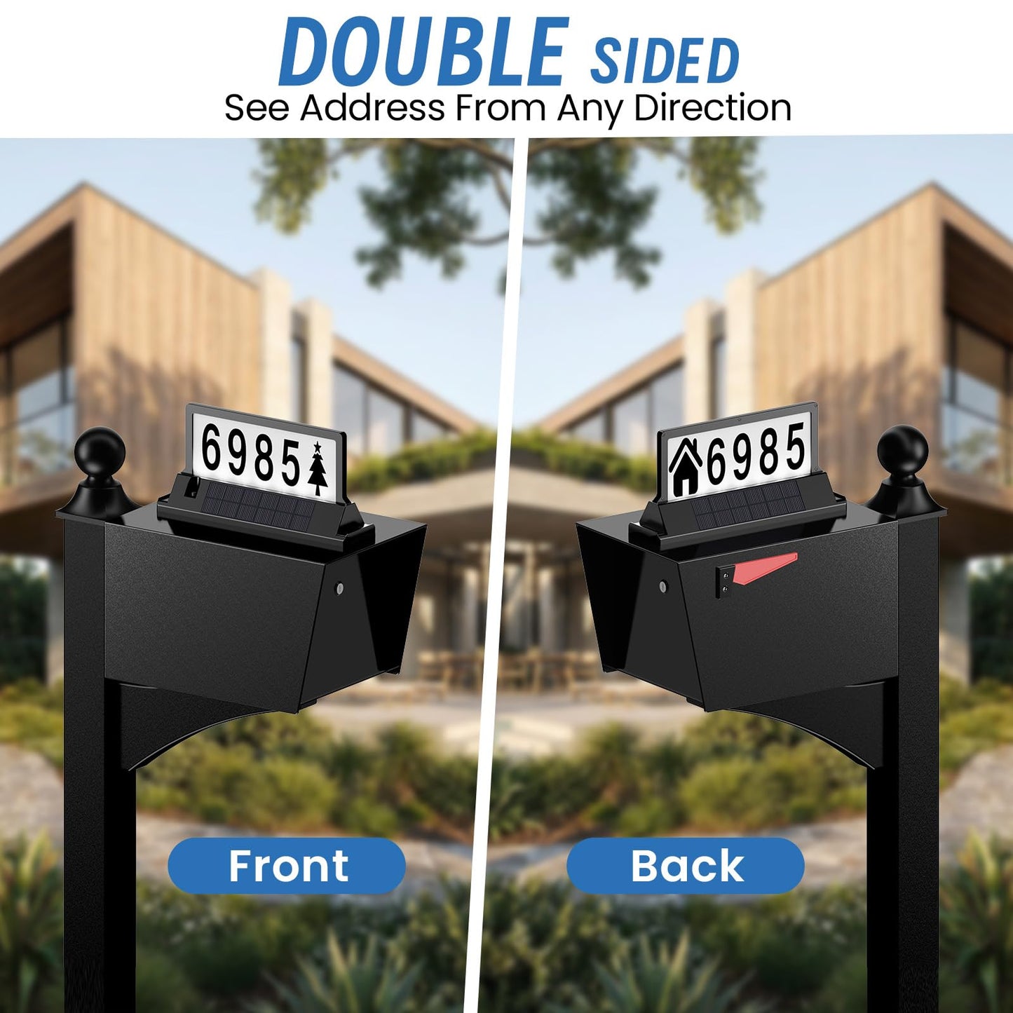 Solar Address Sign for House Numbers – Dual-Sided LED & Dual-Sided Solar Panels, 8 Color Modes, IP65 Waterproof Address Plaque, Strong Magnetic/Stake/Wall Mount, Dusk-to-Dawn for Mailbox Yard Driveway