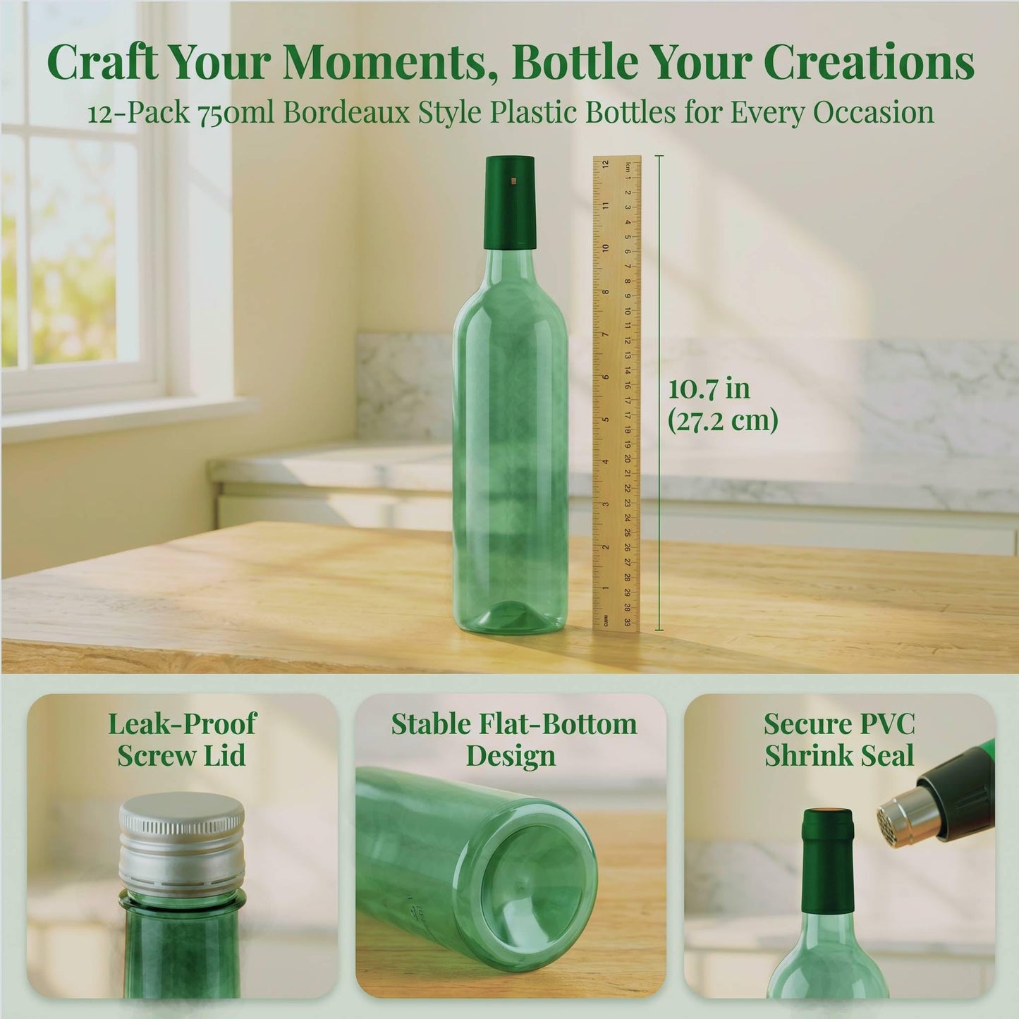 WUWEOT 12 Pack Plastic Wine Bottles, 750ml Empty Bordeaux-Style Liquor Bottles, Reusable Green Long Neck Wine Bottles with Screw Lid and Shrink Capsules Caps