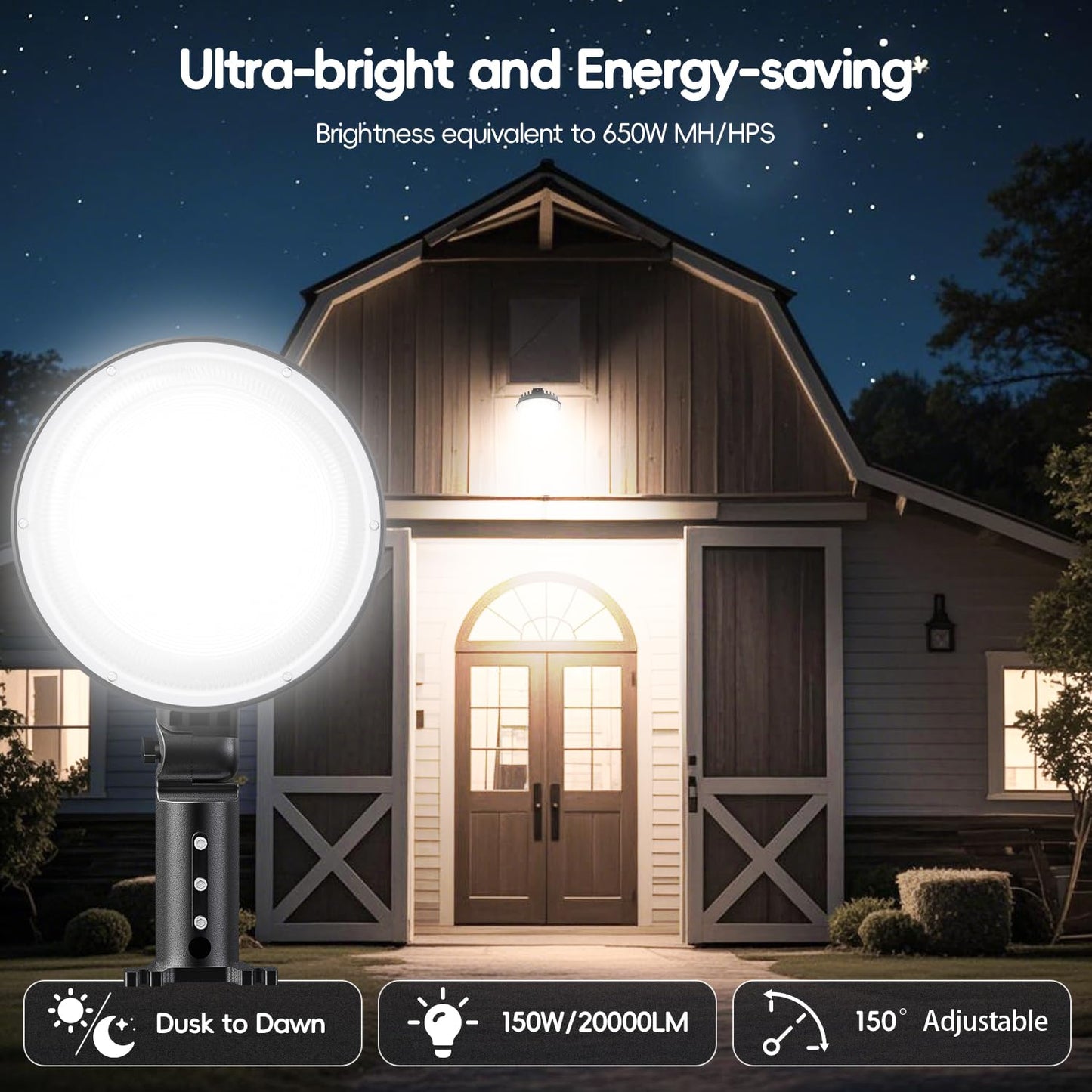 MOONTIP LED Barn Light 2 Pack 150W 20000LM Dusk to Dawn Outdoor Lighting, LED Yard Light Outdoor with 150° Adjustable Photocell, 6500K Daylight, IP66 Waterproof Area Street Light for Garage Warehouse