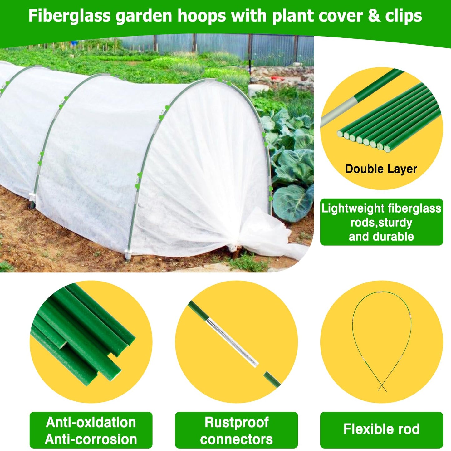 3x15M Plant Cover Freeze Protection Garden Hoops Kit for Winter, Fabric Floating Row Cover Frost Cloth Outdoor Plant Blanket for Frost Snow Protection, Greenhouse Garden Tunnel Hoops for Raised Beds