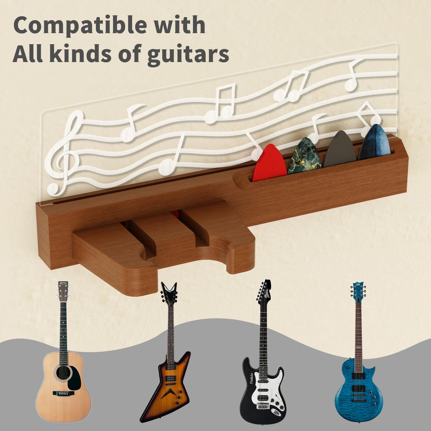 CoolGift Mart Light up Guitar Wall Mount, Musical Notes Design, Pick Holder with LED Illumination - USB Powered, Premium Wood and Acrylic, for Acoustic Electric Bass Ukulele Violin, Gift for Music Lovers Guitar Players