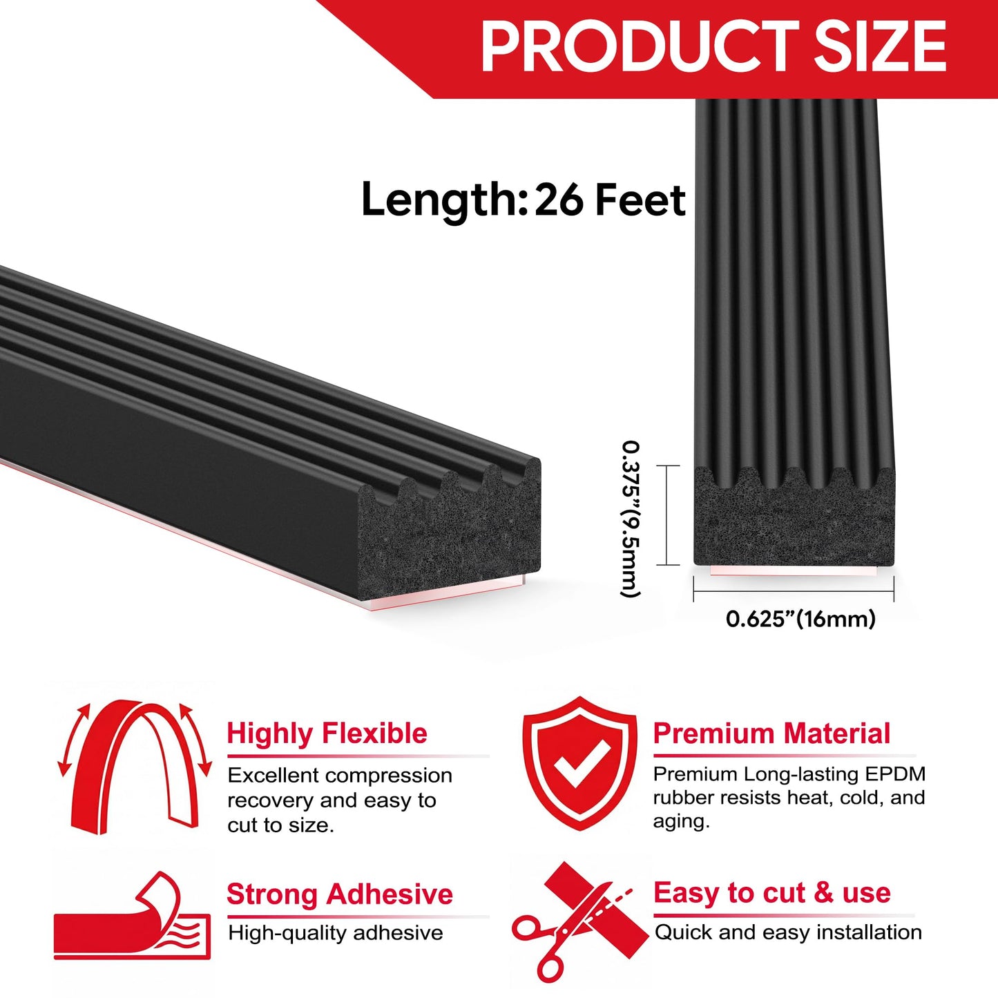 26 Feet Weather Stripping Door Seal EPDM Foam Rubber Seal Strip Weather Stripping for Door, Window, RV, Boat, Auto, Truck, Marine