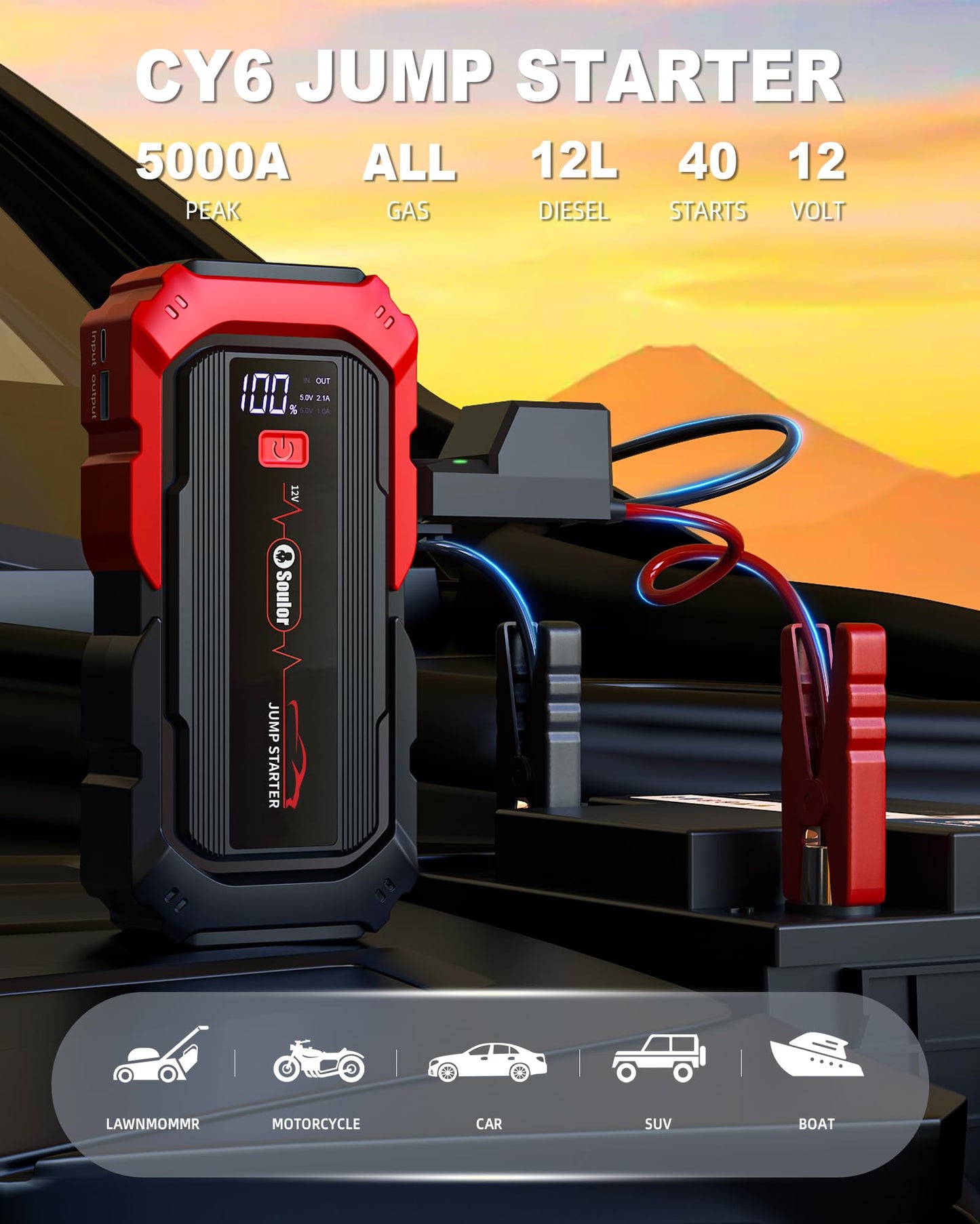 Portable Car Jump Starter,5000A Battery Booster Pack with Jumper Cables LED Lights Car Battery Jump Starter 12V Car Booster Jump Starter