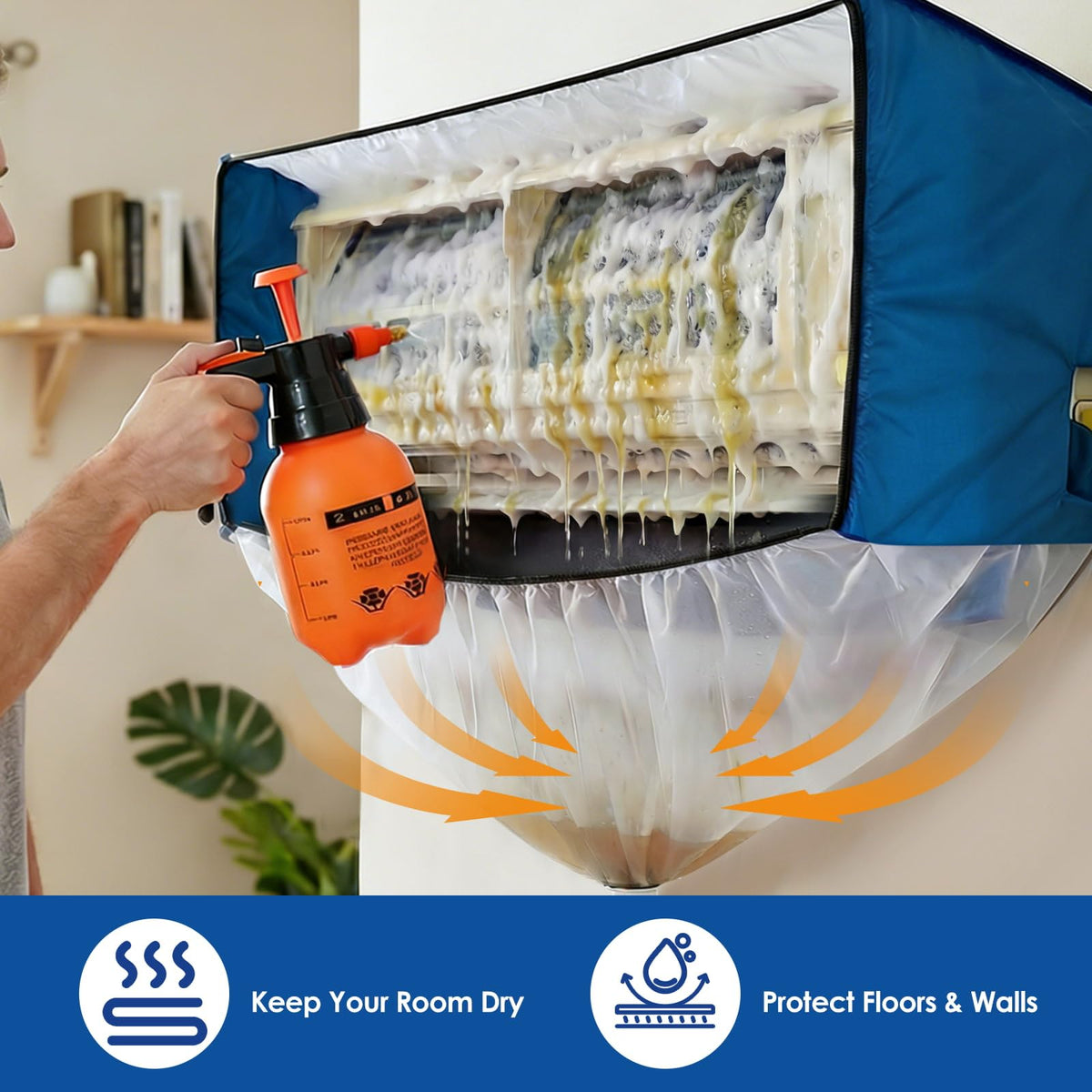 KIKEPILM Air Conditioner Cleaning Kit for Mini Split Heat Pump, Wall Mounted Split AC Cleaning Bag Cover with Reinforced Side Walls and Drain, Thermopompe Climatiseur Nettoyage Kit, White-Blue Large