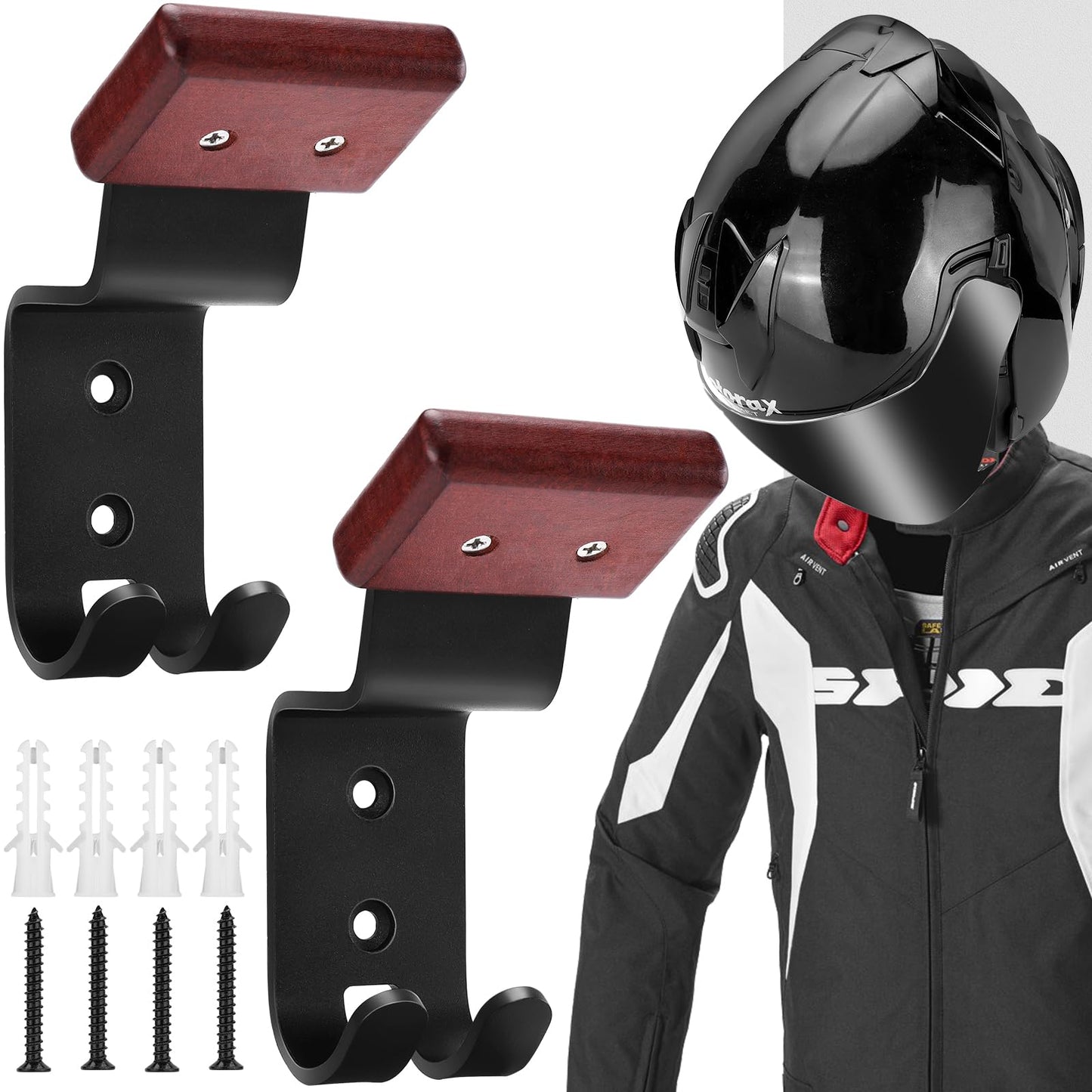HK 2 Pack Beech Wood & Carbon Steel Motorcycle Helmet Holder, Durable Wall Mount Helmet Rack with Double Hook for Helmets, Hats, Coats, Sportswear