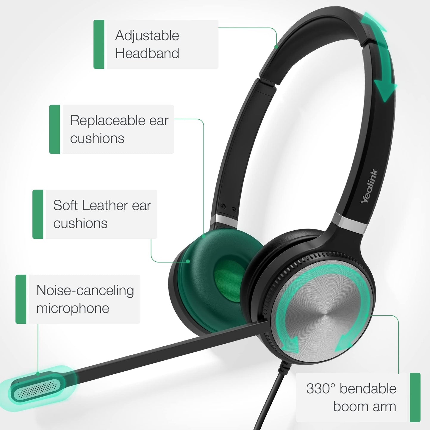 Yealink UH36 Professional Wired Headset - Telephone Headphones for Calls and Music, Noise Cancelling Headset with Mic for Computer PC Laptop（UC Compatible, Stereo,3.5mm Jack/USB Connection）