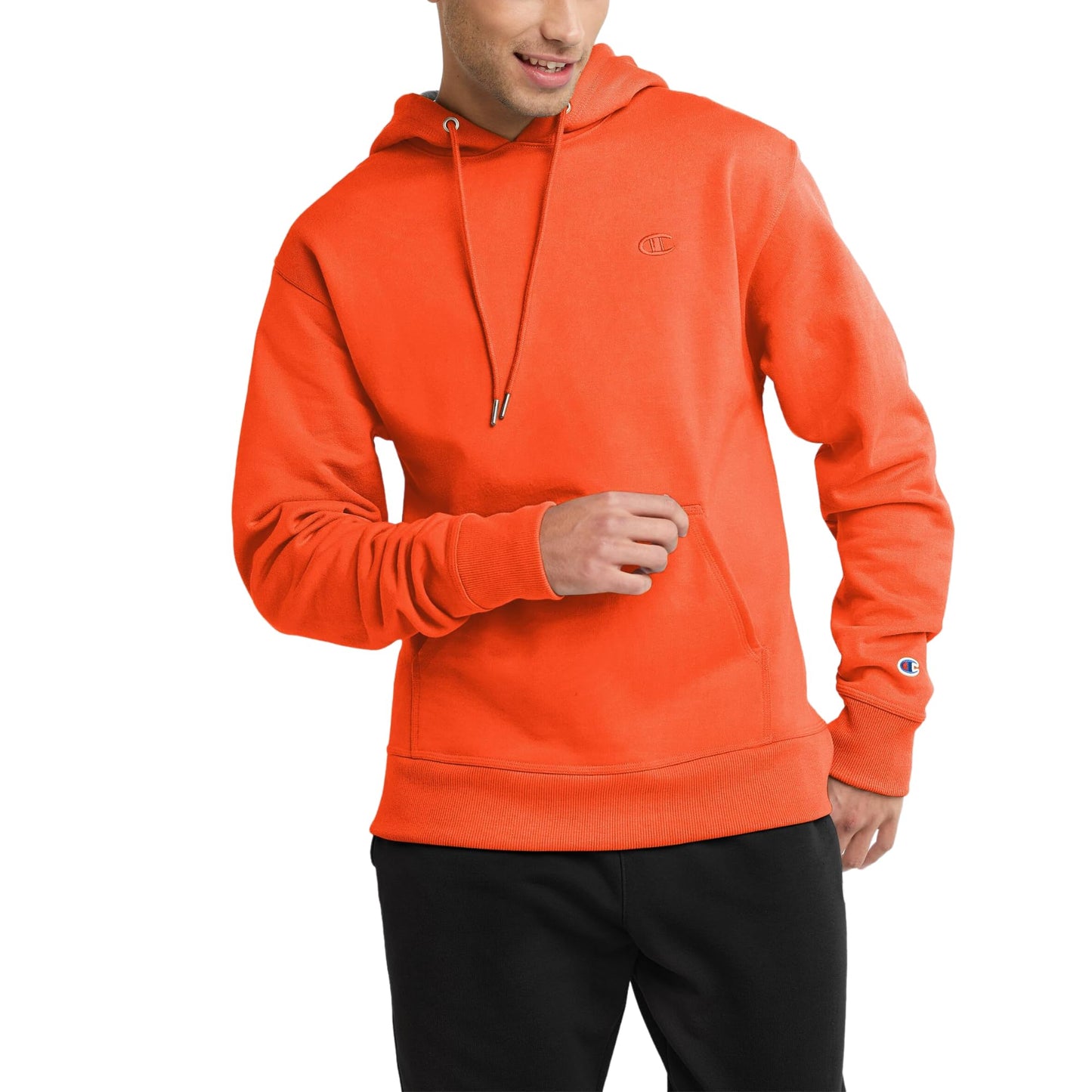 Champion, Powerblend, Fleece Comfortable Hoodie, Sweatshirt for Men (Reg. Or Big & Tall), Spicy Orange C Logo, Large