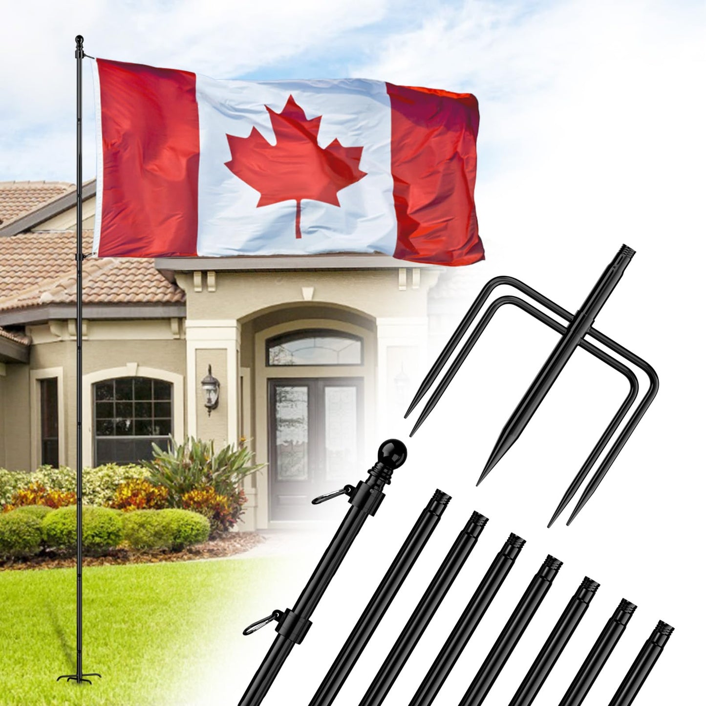 ZMTECH 10 FT Flag Pole in Ground, Heavy Duty Flag Pole Holder for Outside House with 5 Pronges Base, Extra Thick Flag Pole Kit for Outdoor Garden Decor Residential Commerical(1 Pack,Without Flag)
