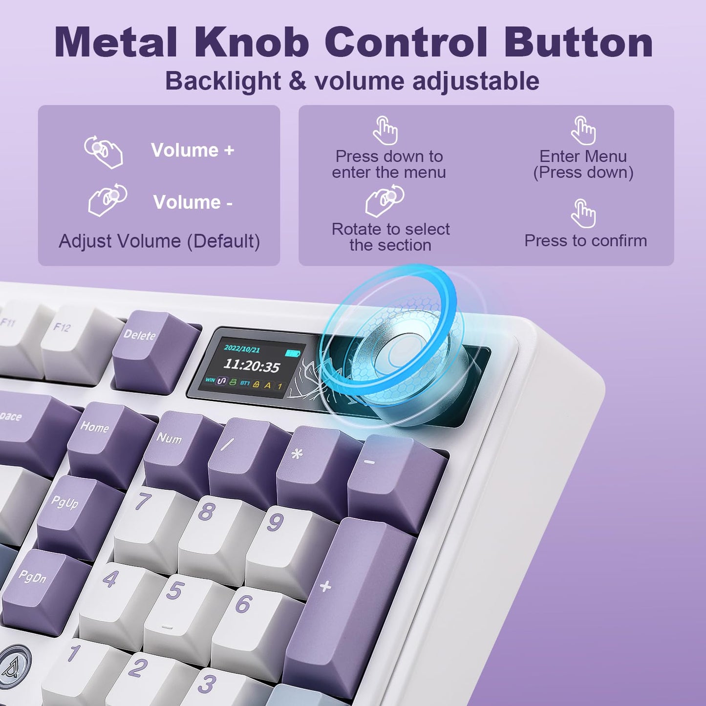 MIKIBY AJAZZ AK980 Mechanical Gaming Keyboard with Smart Display & Knob,98% Wireless Keyboard Tri-Mode BT/2.4G/USB-C, Hot Swappable, PBT Keycaps, with RGB Light for Win & Mac(Purple,Murad Switch)