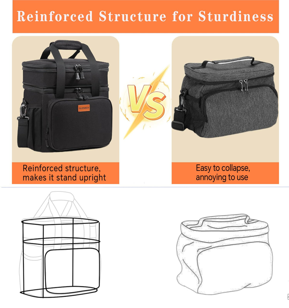 Expandable XLarge Lunch Box, Insulated Heavy Duty Lunch Bag Waterproof Leakproof Durable Cooler Bag for Men Women Adults Work Construction Camping Trip, 22L, Black, GLENKEY