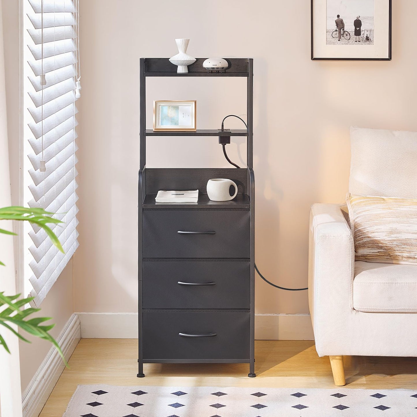 HOOBRO Tall Nightstand with Charging Station and LED Lights, Multifunctional Bedside Table with 3 Drawers and Open Shelves, USB-A, Type-C, 2 AC Outlets, Modern End Table for Bedroom, Black BB206UDBZ01