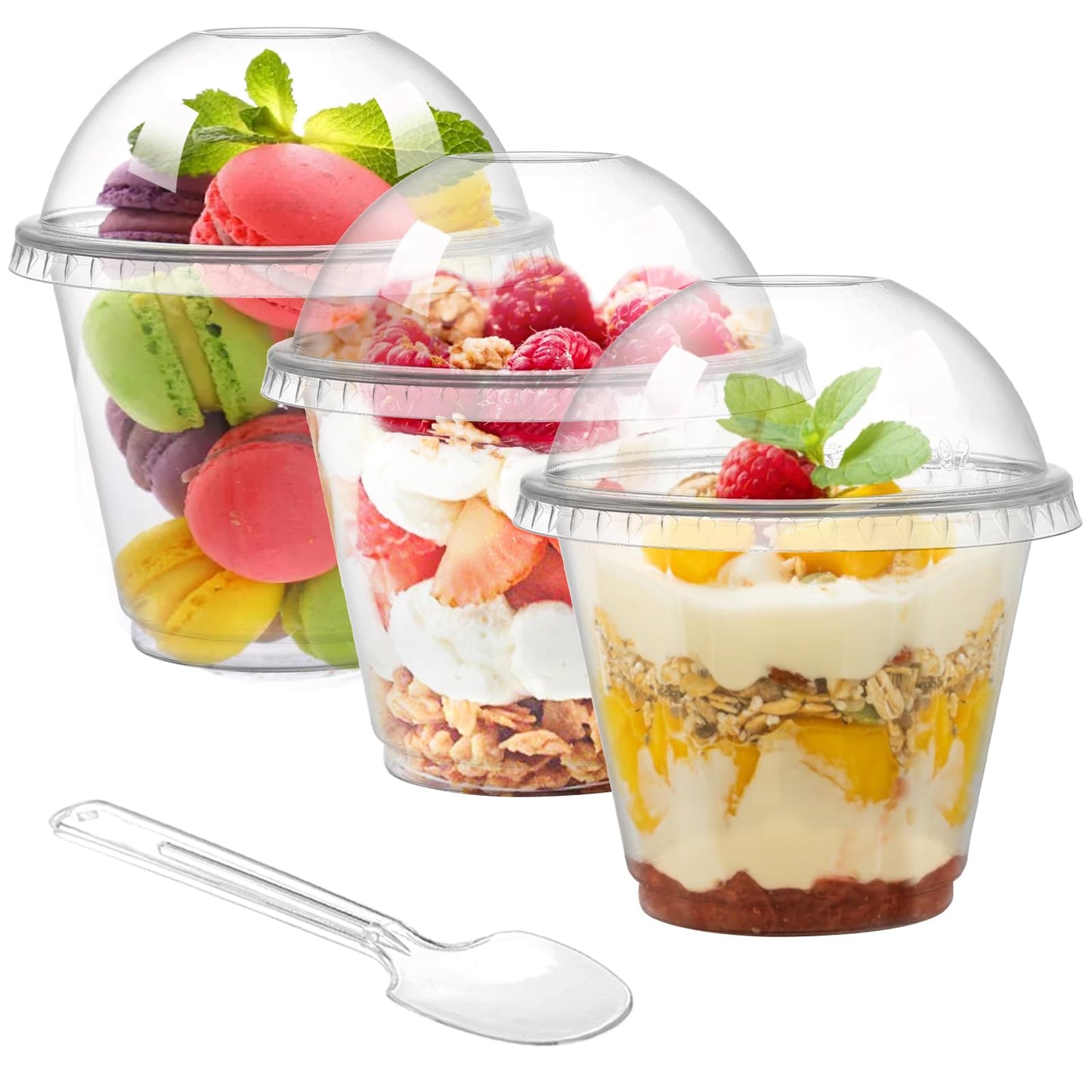 Coloch 100 Pack 9Oz Clear Dessert Plastic Cup with Dome Lid and Spoon, Disposable Crystal Parfait Cup, Fruit Container for Fruit, Puddings, Dessert, Cold Drinks, Ice Cream