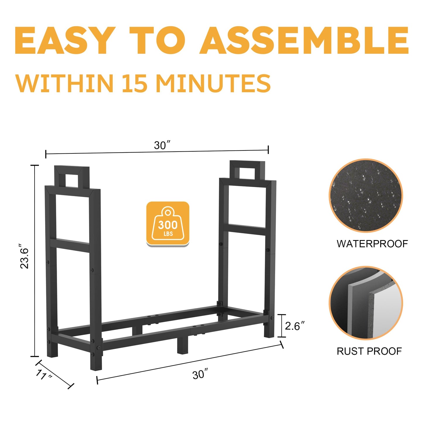 30 Inch Firewood Rack Outdoor Indoor with Handle and Log Carrier Bag, Stable Metal Wood Rack Heavy Duty Log Holder for Fireplace Patio Deck, Rustproof Firewood Storage Organizer Tool, Black, Square