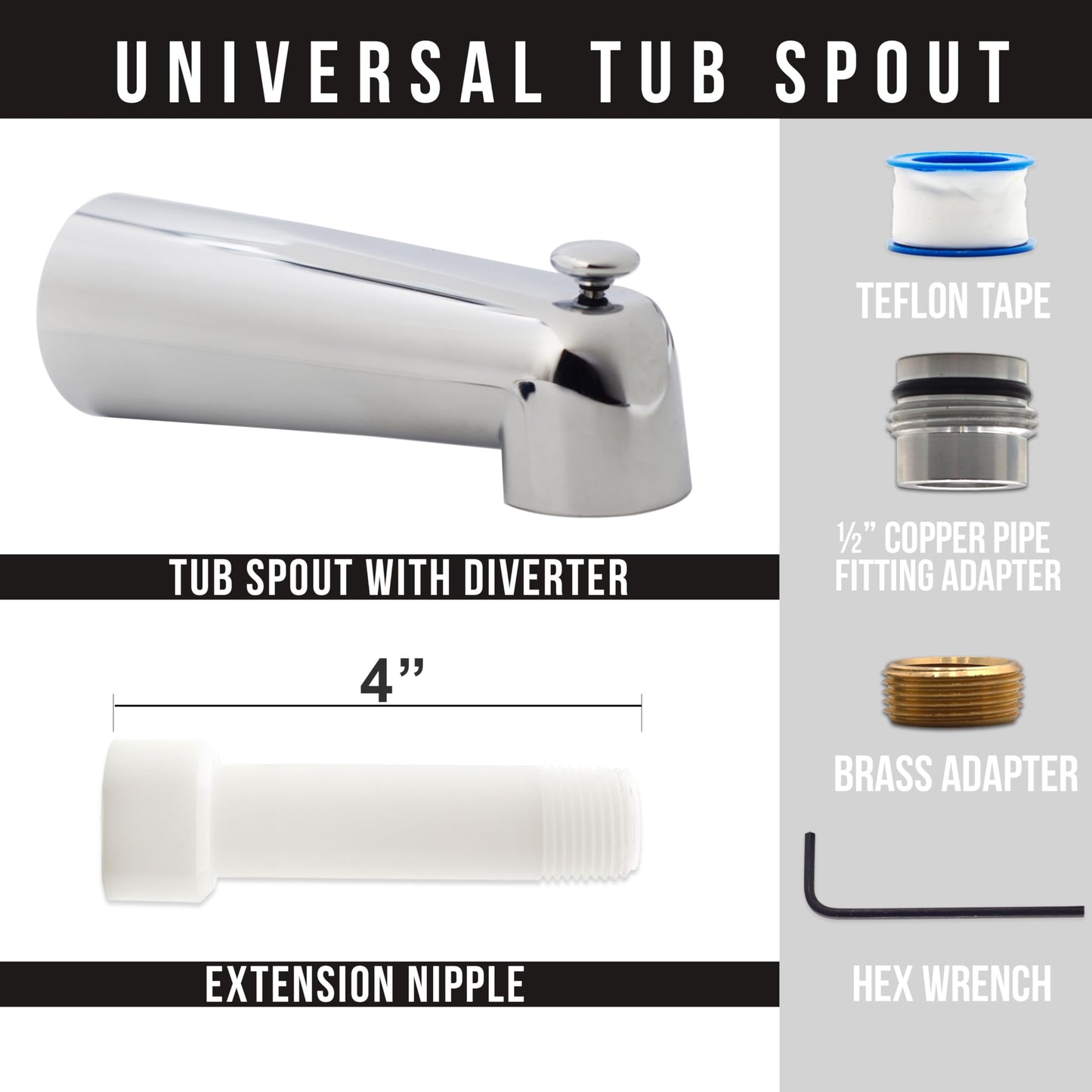 Westbrass E507DUS-26 Universal Fit 7" Diverter Tub Spout, Zinc, Polished Chrome