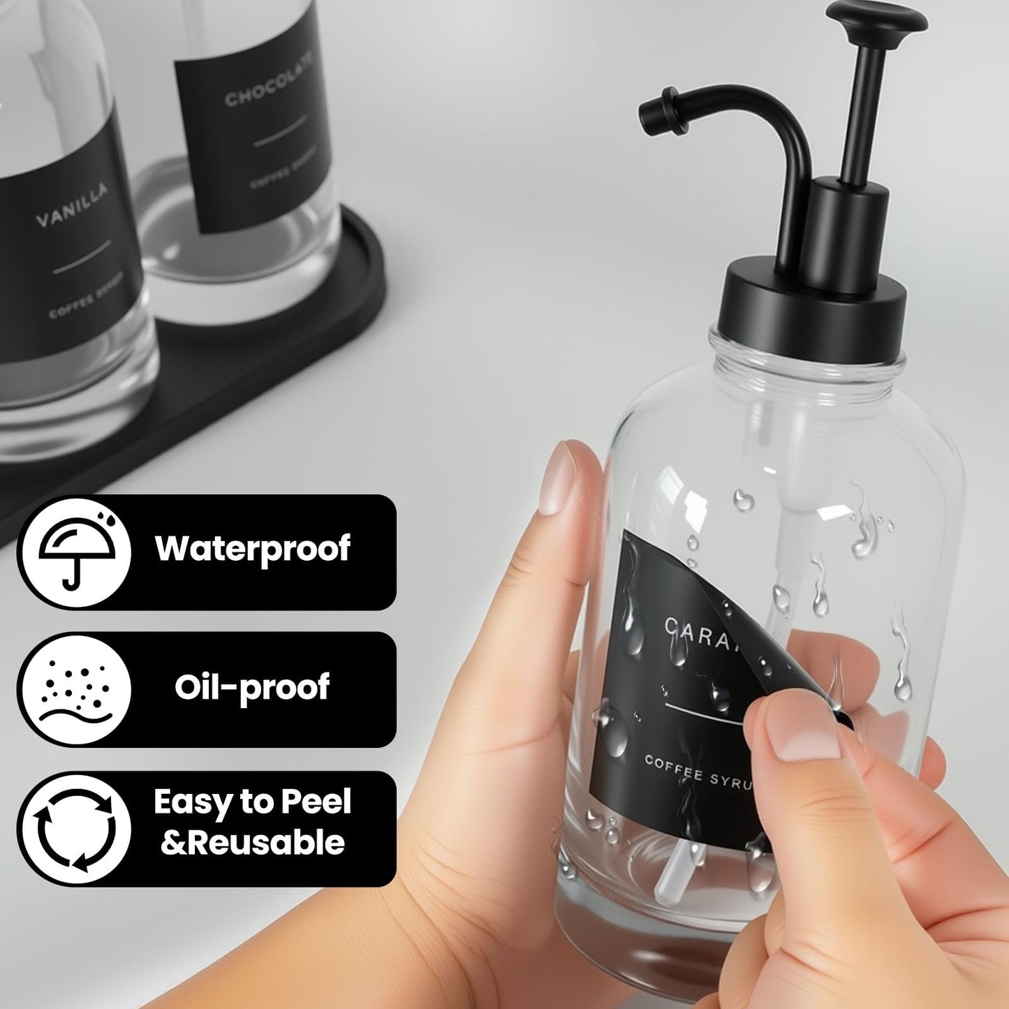 Sunal 3pack Coffee Syrup Dispenser,Black 16.9 oz/500ml Glass Pump Bottles with Tray,Syrup Dispenser with Funnel&36 Labels for Kitchen&Coffee Bar