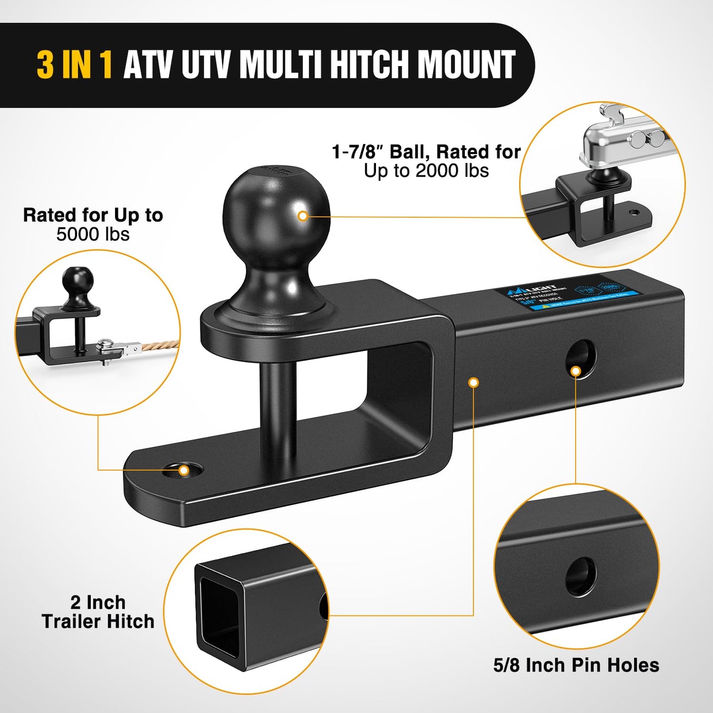 Nilight 3 in 1 ATV UTV Multi Hitch Mount with 1-7/8 inch Ball Hitch Rated 2000 LBS Fits 2 Inch Receiver Winch Strap Loop Rated 5000 LBS