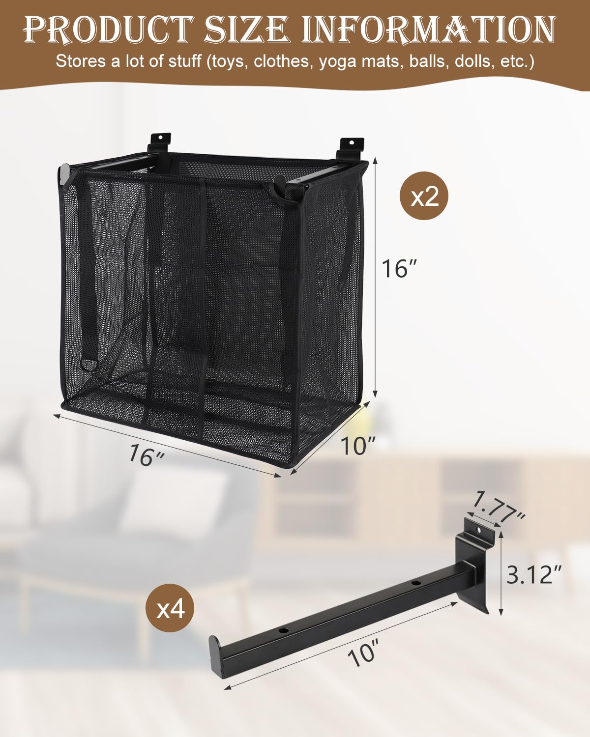 WENHUALI 2Pcs Mesh Slatwall Baskets Set with Metal Brackets, Large Storage Basket Hanging Mounted Storage Bins Slatwall Accessories for 3 Suspension Styles(16 x 10 x 16Inch)