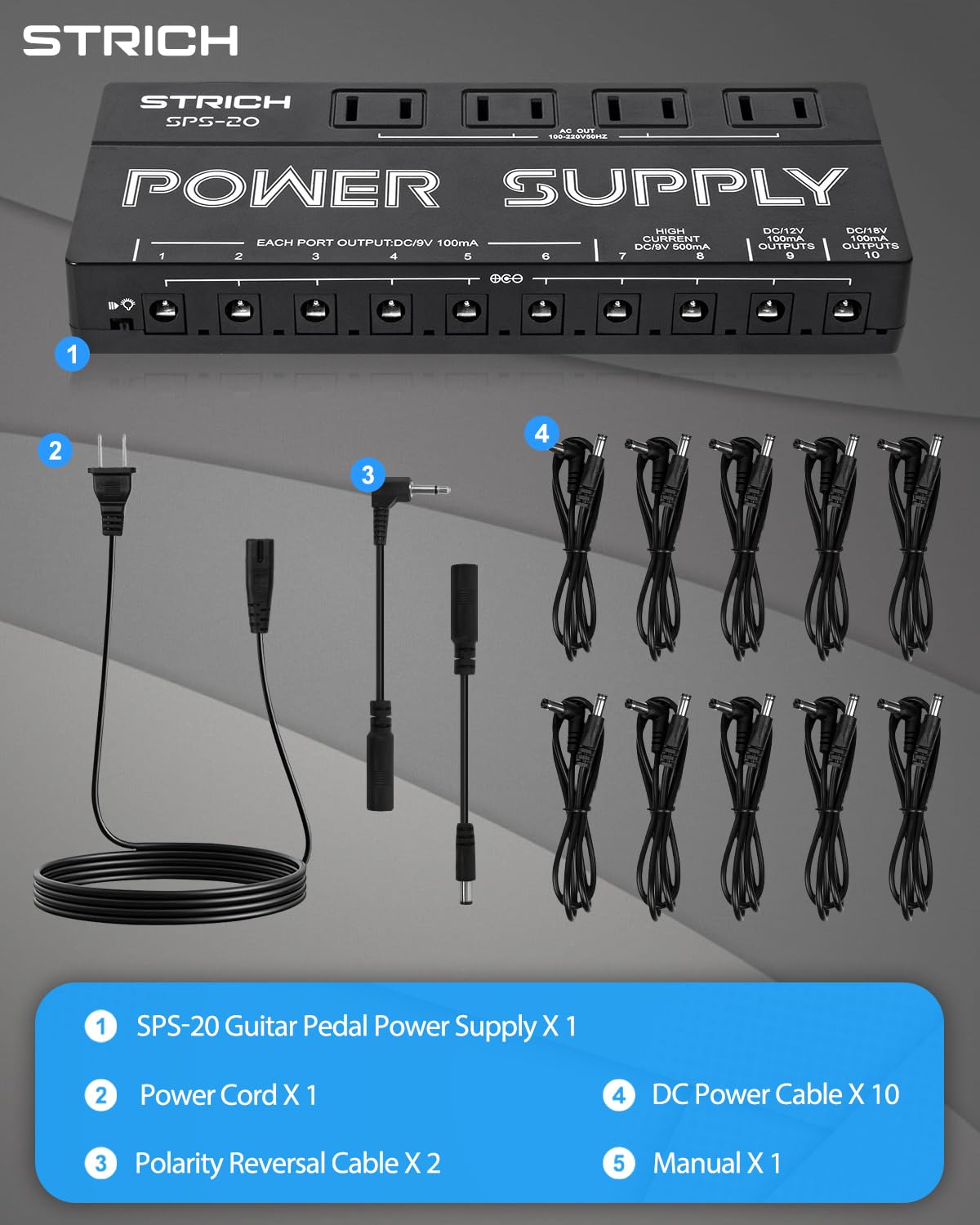 STRICH SPS-20 Guitar Pedal Power Supply, 10 Independent DC Output for 9V/12V/18V Guitar Bass Effect Pedals, 100mA 500mA Pedalboard Power Supply with Short Circuit Protection