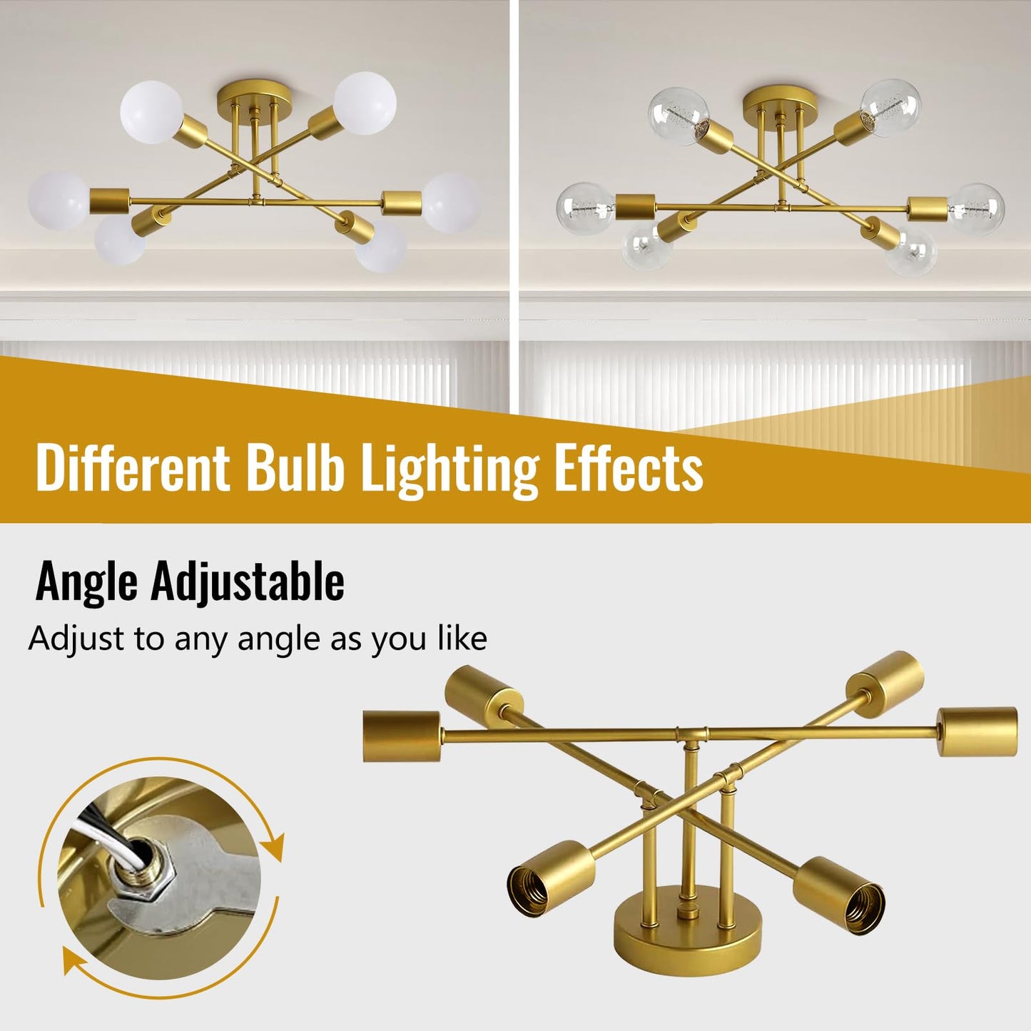 Ceiling Light, 6-Light Sputnik Chandelier,Direction Adjustable Light Fixtures Ceiling,Modern&Stylish Gold Dining Room Light Fixtures,Industrial Kitchen Light Fixtures