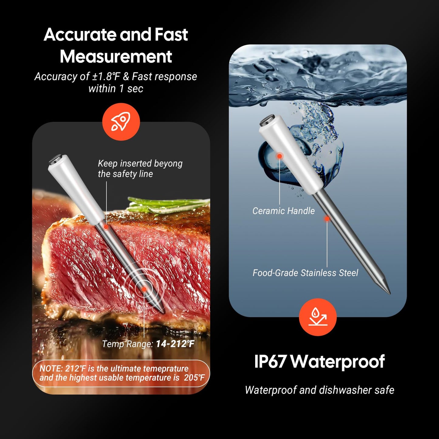 Wireless Meat Thermometer with Clear LED Display,1000FT Bluetooth Meat Thermometer Wireless, 60min Offline Data Storage, Smart Food Thermometer for BBQ, Grill, Rotisserie, Waterproof