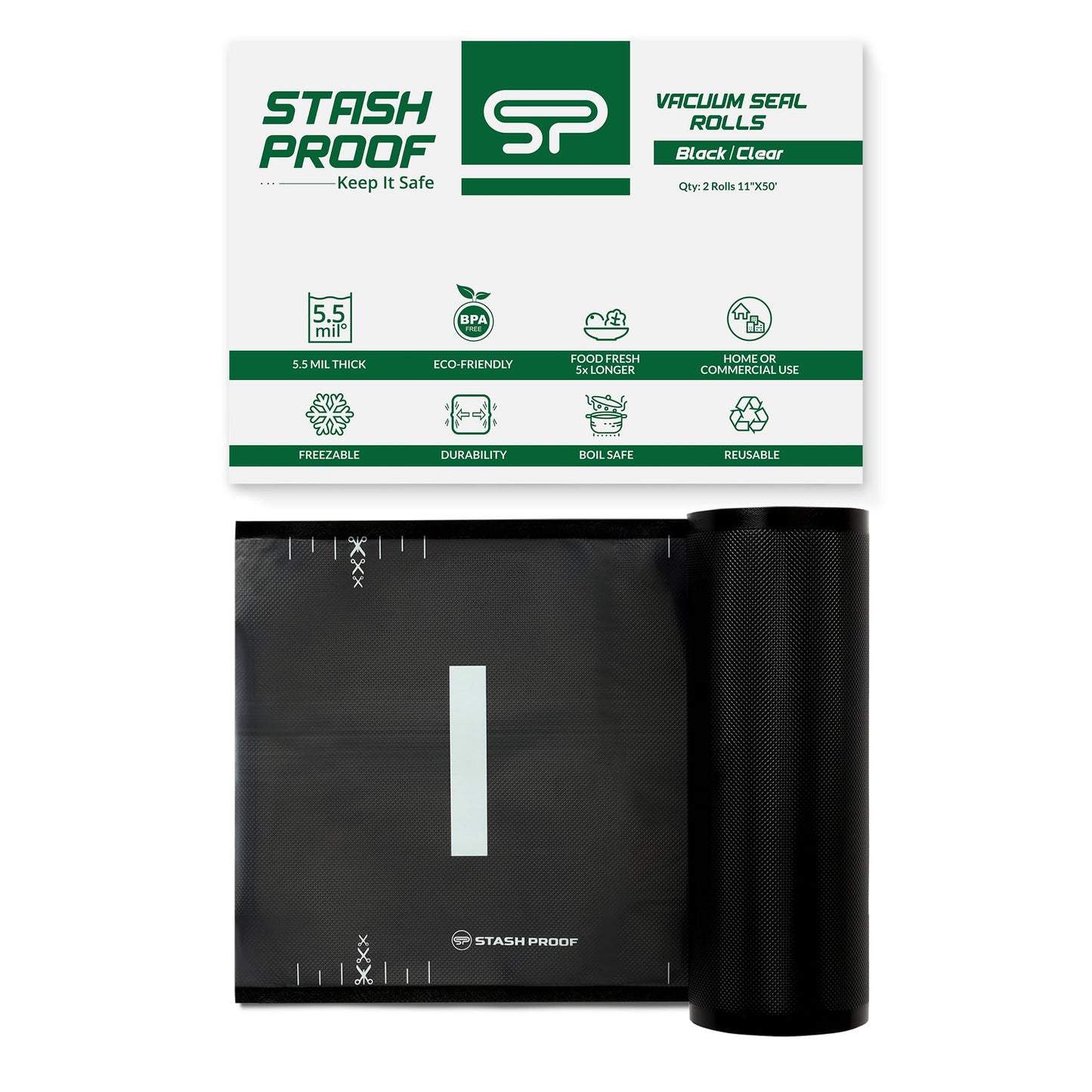 Stash Proof Vacuum Seal Rolls 11" x 50' 2 Pack (100 Feet Total) (Clear and Black) 5.5 Mil - BPA Free Commerical Grade Food Saver for Storage, Sous Vide, and Meal Prep Sealer Bag